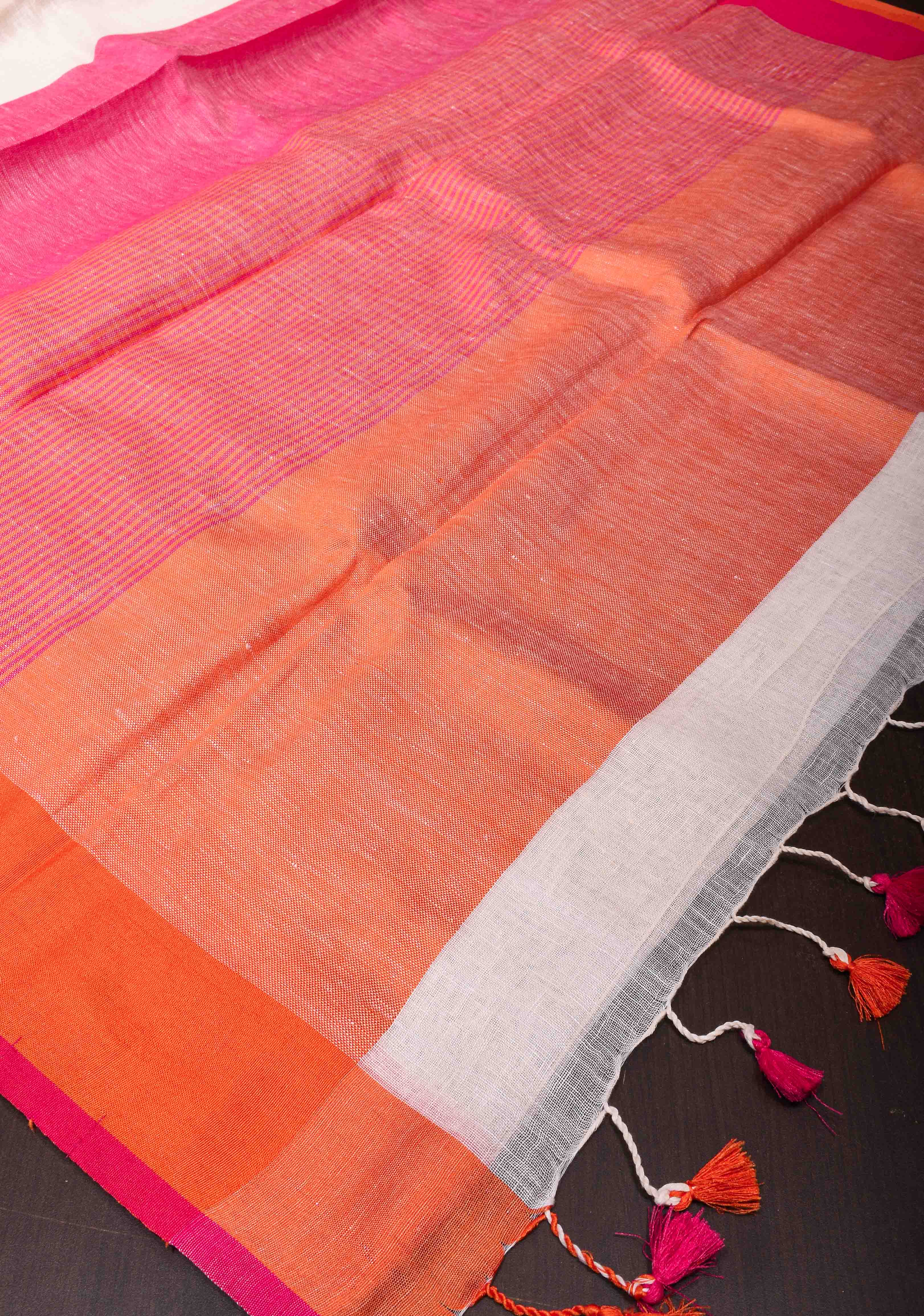 Chalk White Linen Saree with Ganga Jamuna Borders | Shobitam Saree