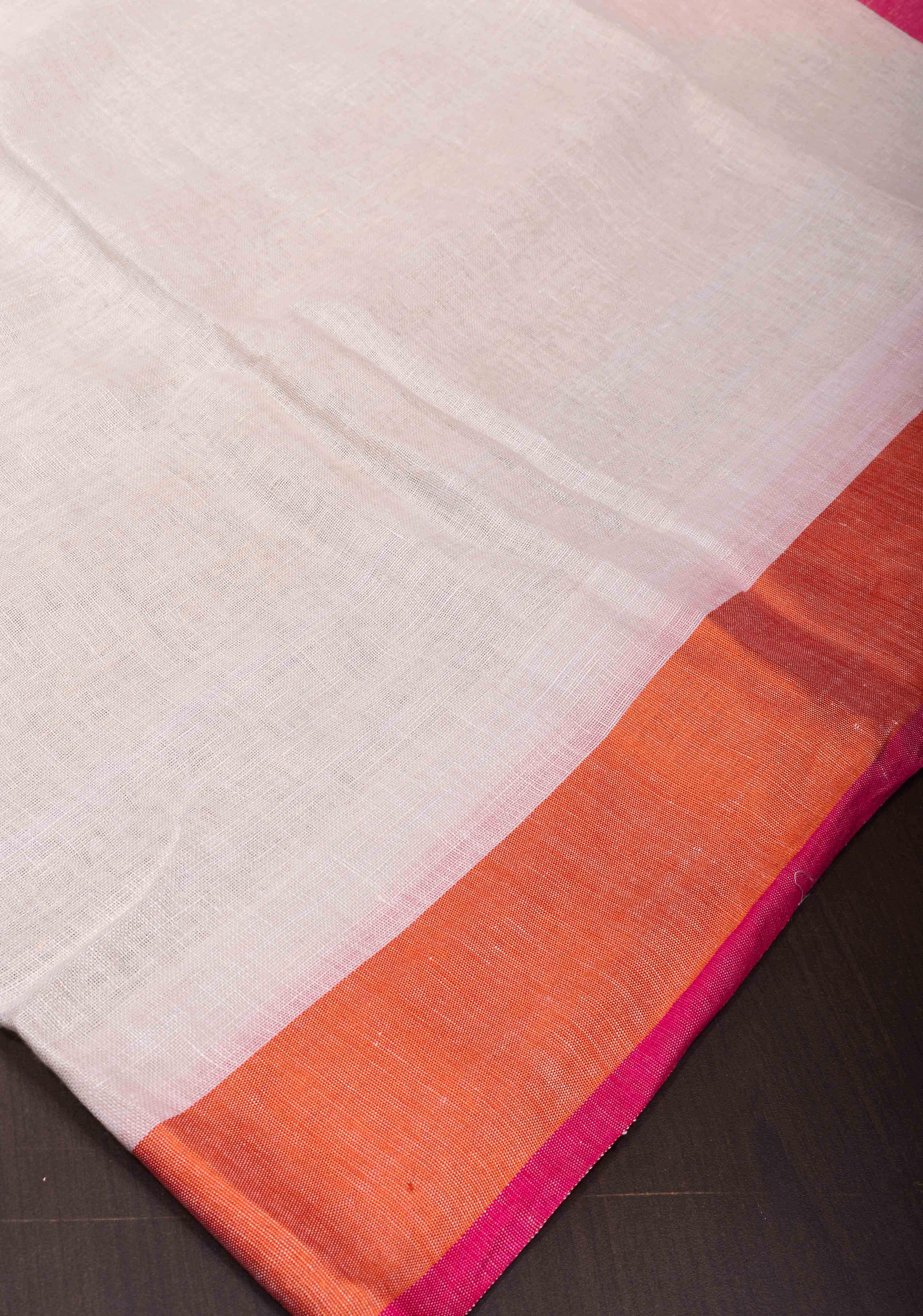 Chalk White Linen Saree with Ganga Jamuna Borders | Shobitam Saree