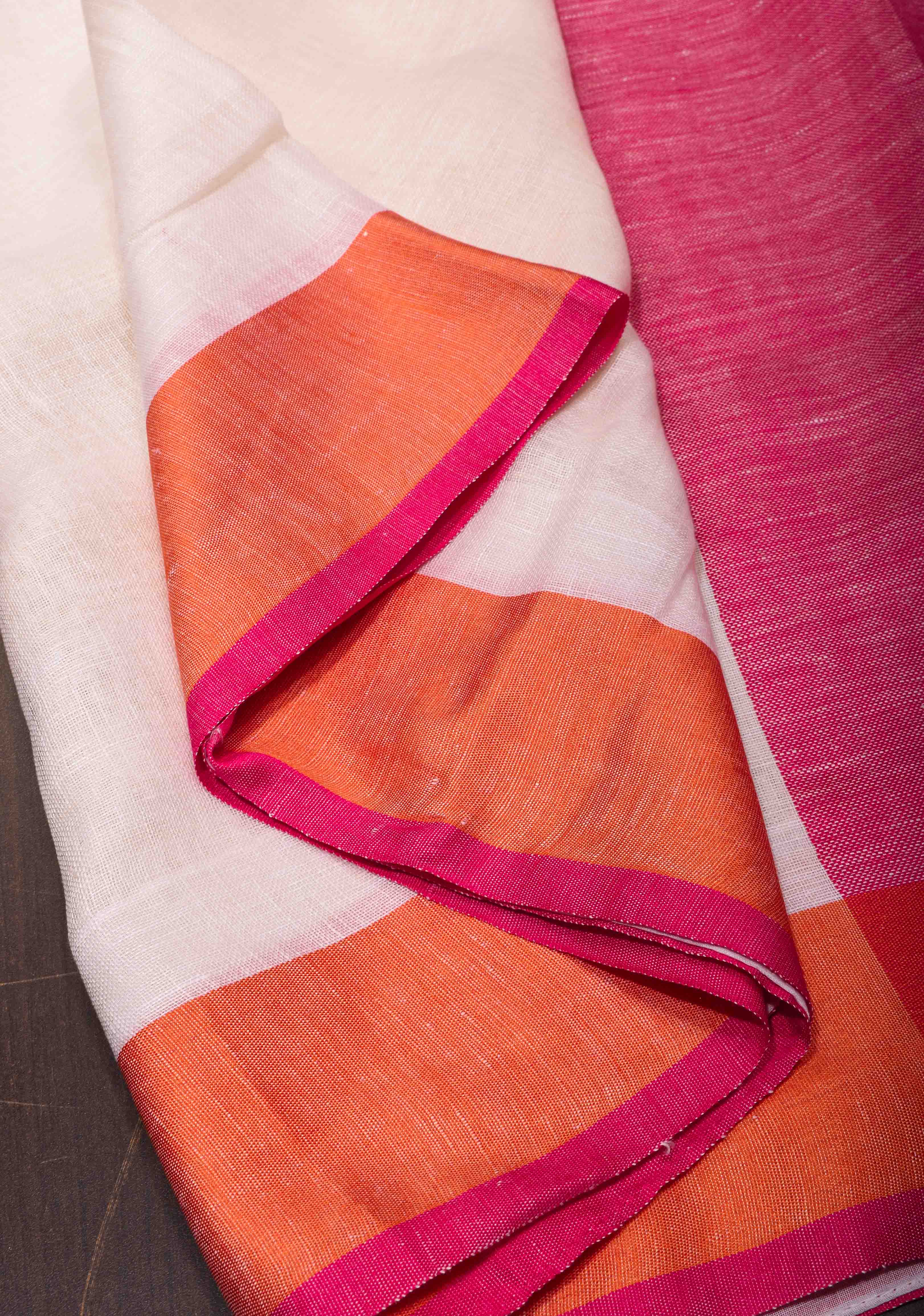 Chalk White Linen Saree with Ganga Jamuna Borders | Shobitam Saree