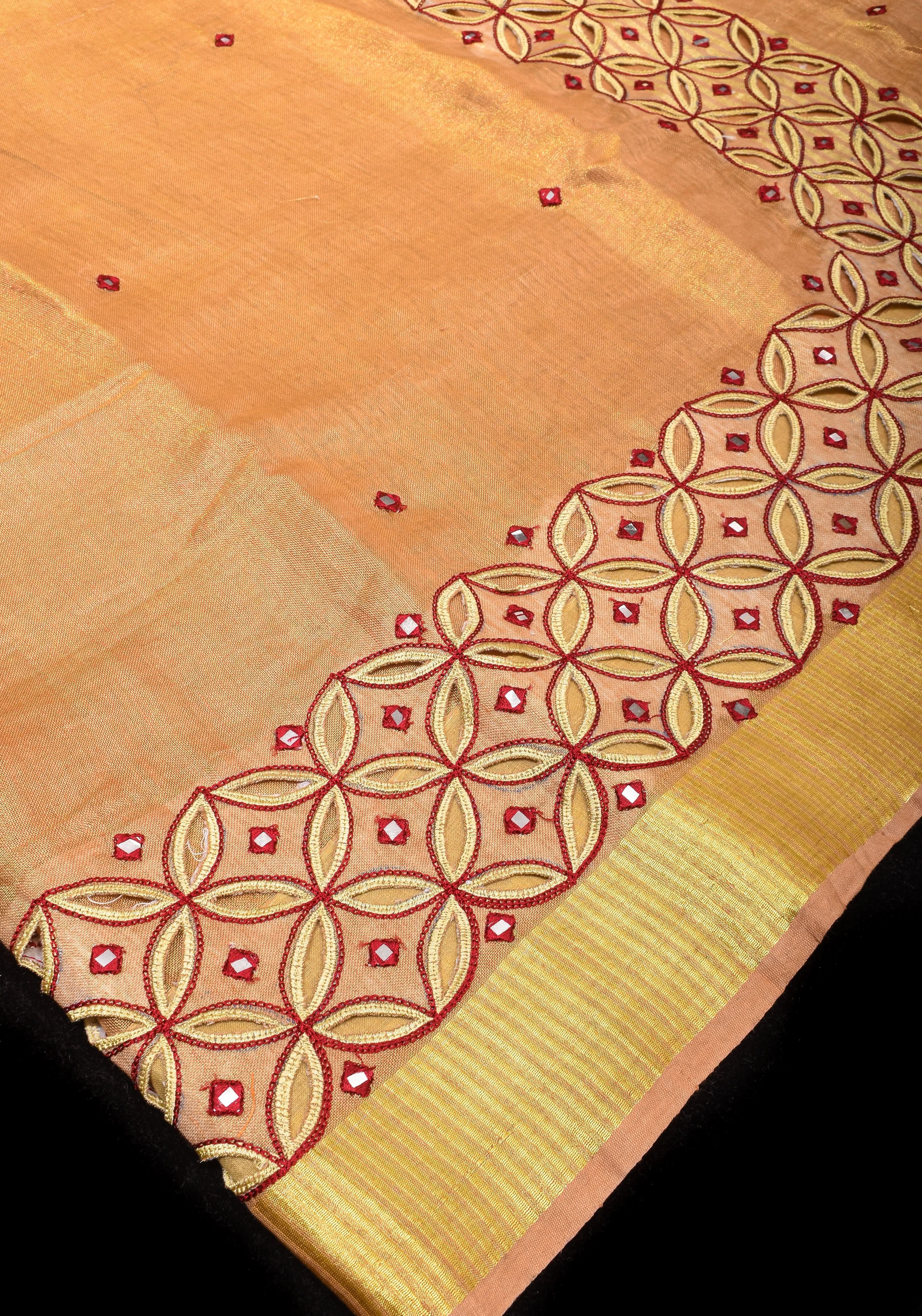 Exquisite Chudi Design Cutwork Saree in Tan Gold Tissue Linen with Maroon Highlights and Mirror disk work | Shobitam