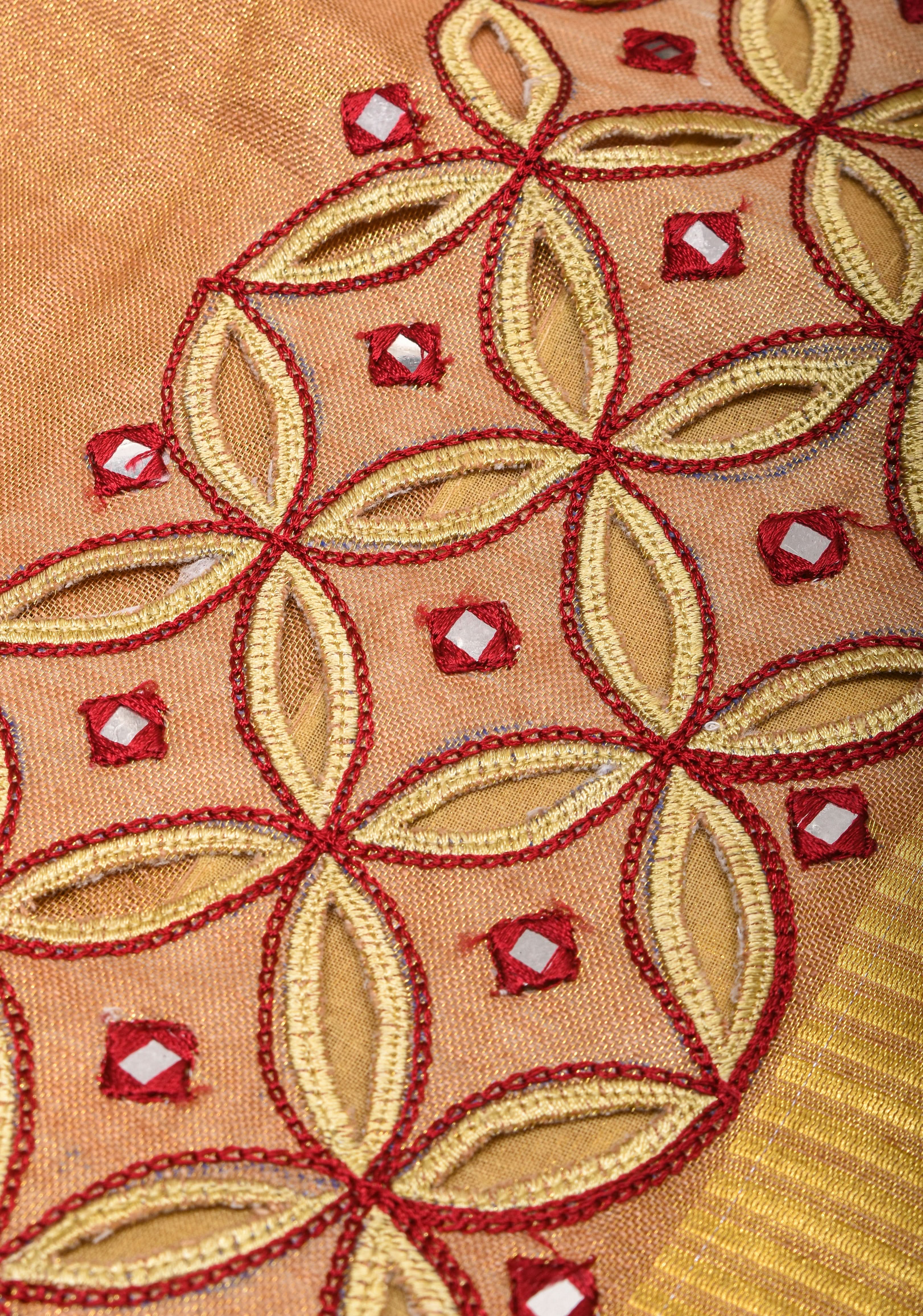 Exquisite Chudi Design Cutwork Saree in Tan Gold Tissue Linen with Maroon Highlights and Mirror disk work | Shobitam