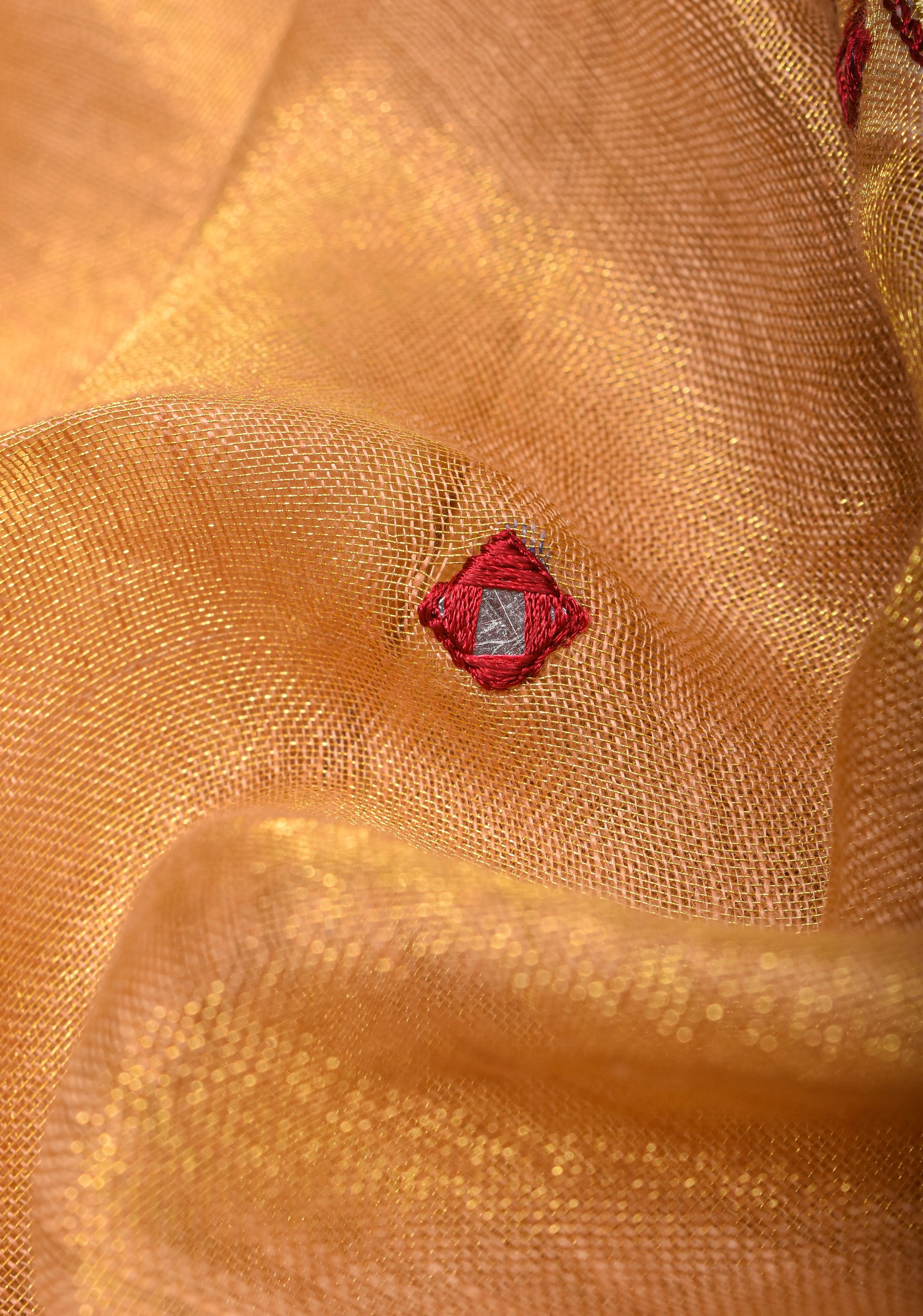 Exquisite Chudi Design Cutwork Saree in Tan Gold Tissue Linen with Maroon Highlights and Mirror disk work | Shobitam