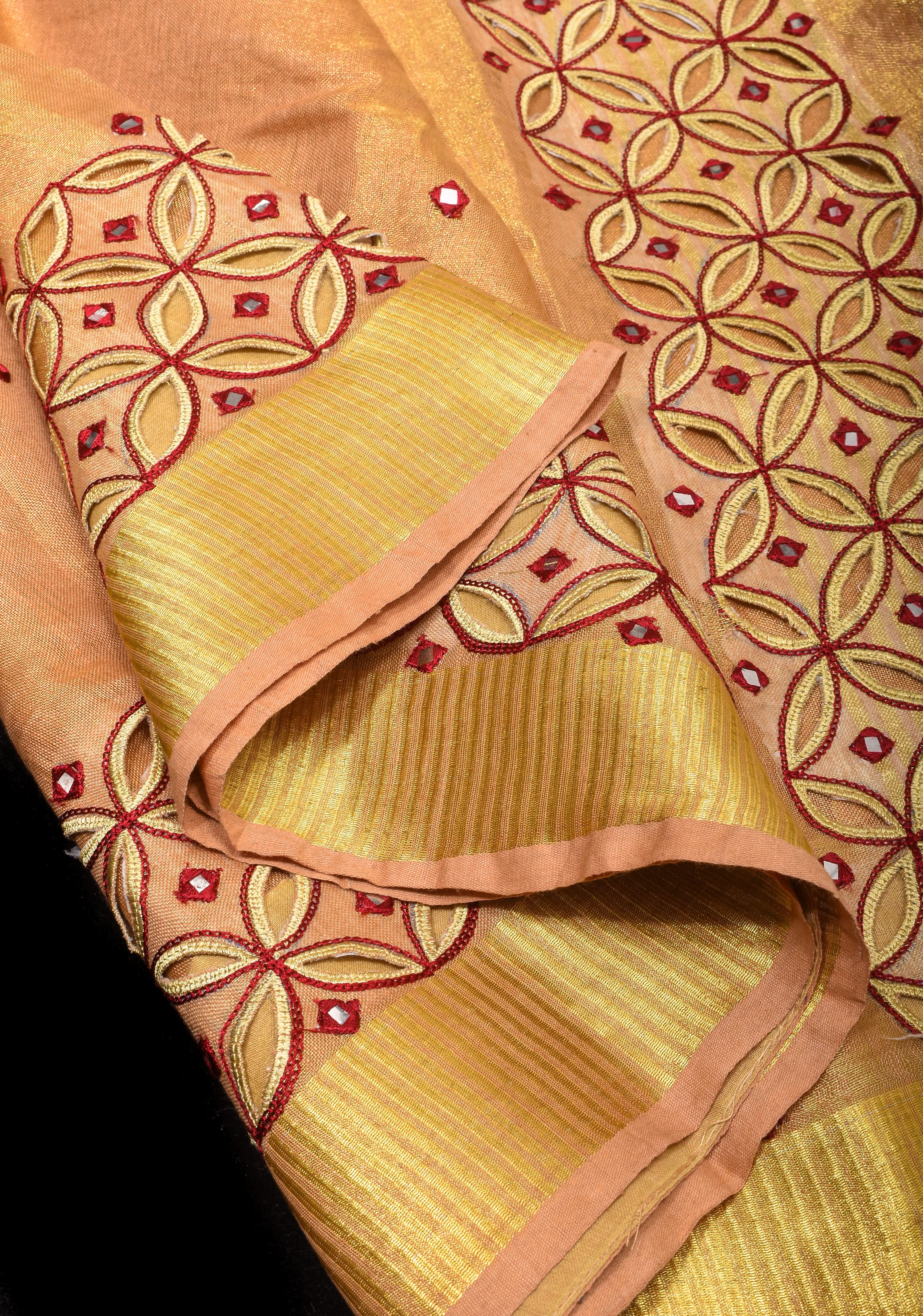 Exquisite Chudi Design Cutwork Saree in Tan Gold Tissue Linen with Maroon Highlights and Mirror disk work | Shobitam