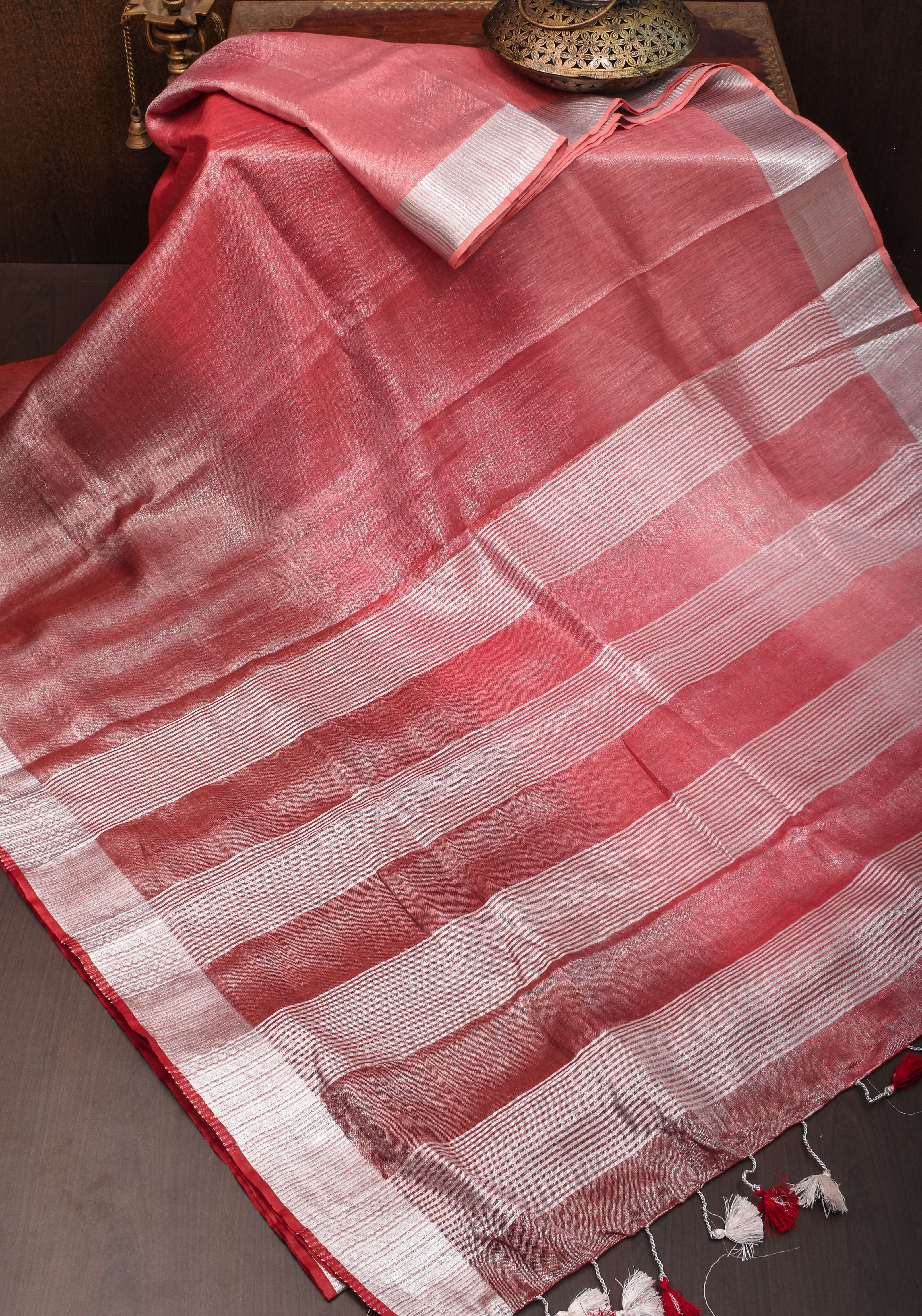 Pomegranate Ombre Tissue Linen Saree with Silver Ribbed Borders | SHOBITAM