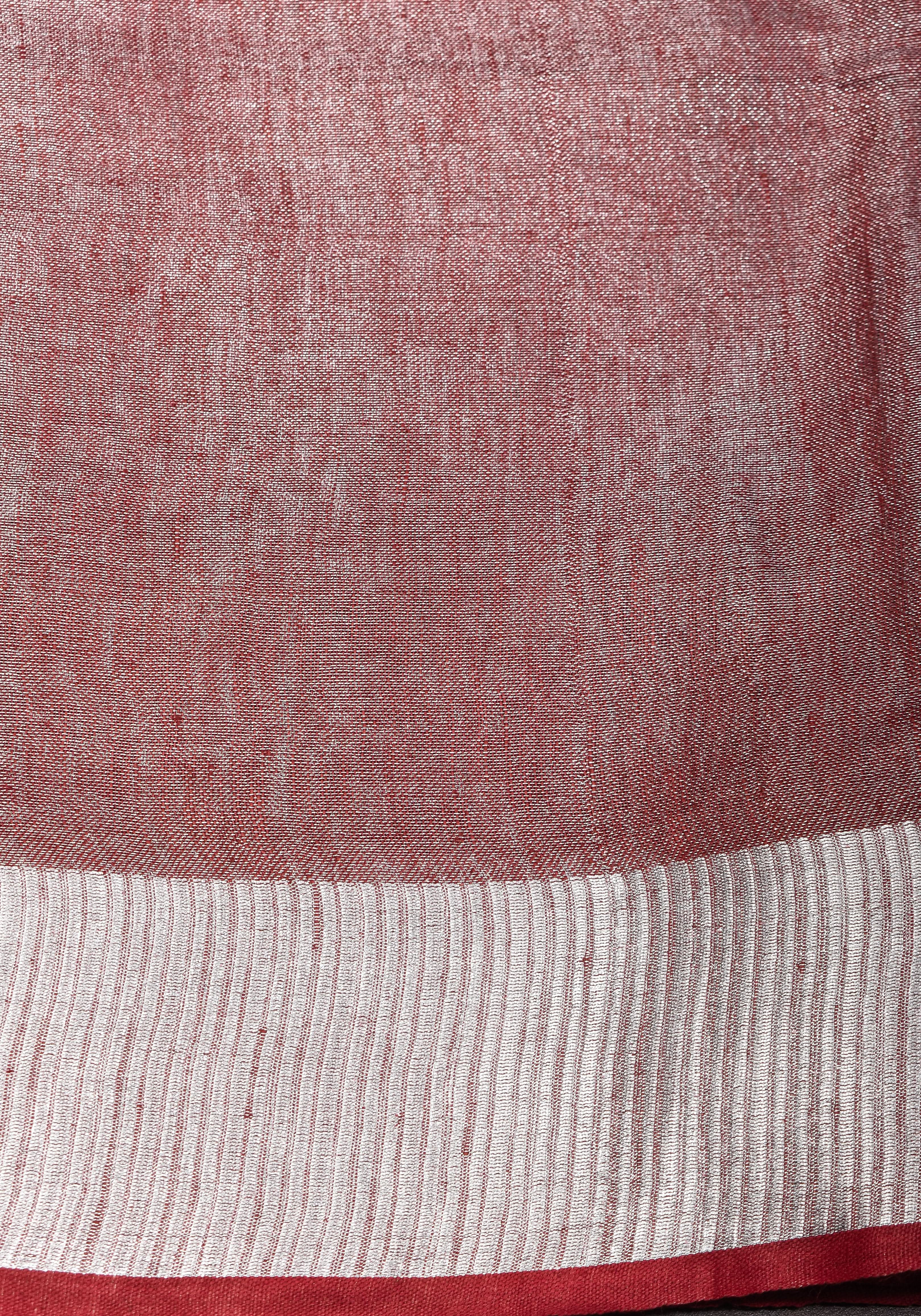 Pomegranate Ombre Tissue Linen Saree with Silver Ribbed Borders | SHOBITAM