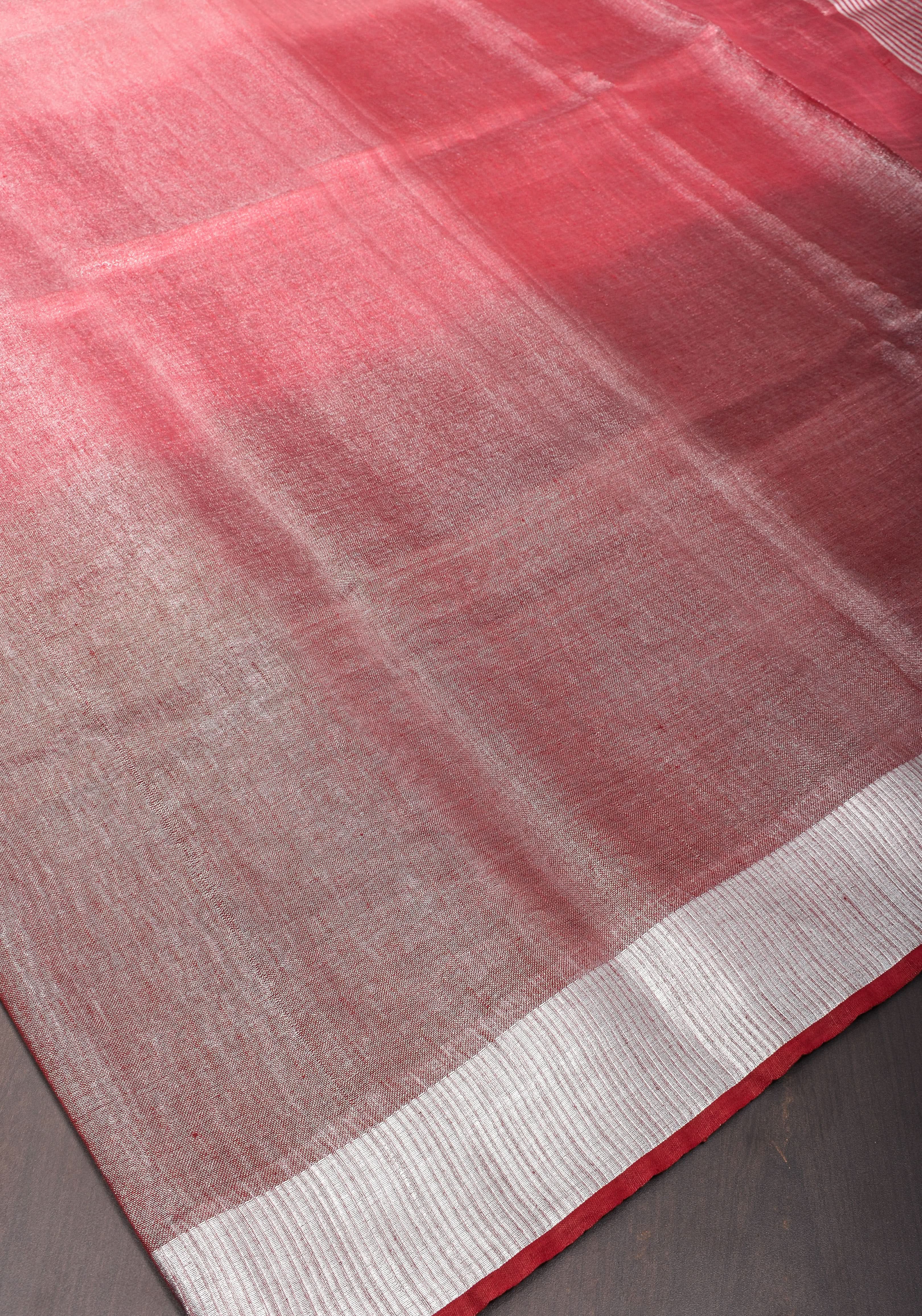 Pomegranate Ombre Tissue Linen Saree with Silver Ribbed Borders | SHOBITAM