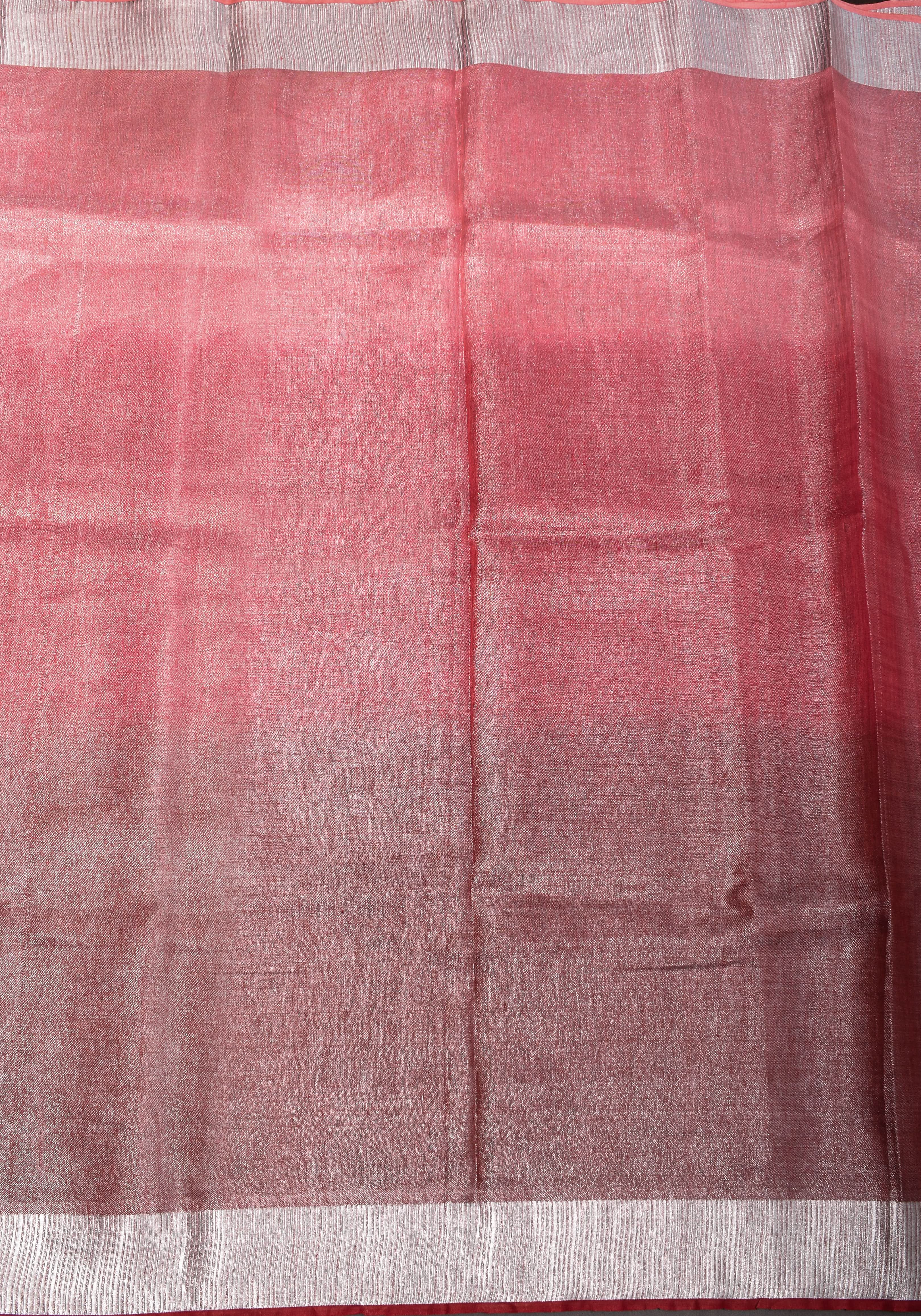 Pomegranate Ombre Tissue Linen Saree with Silver Ribbed Borders | SHOBITAM