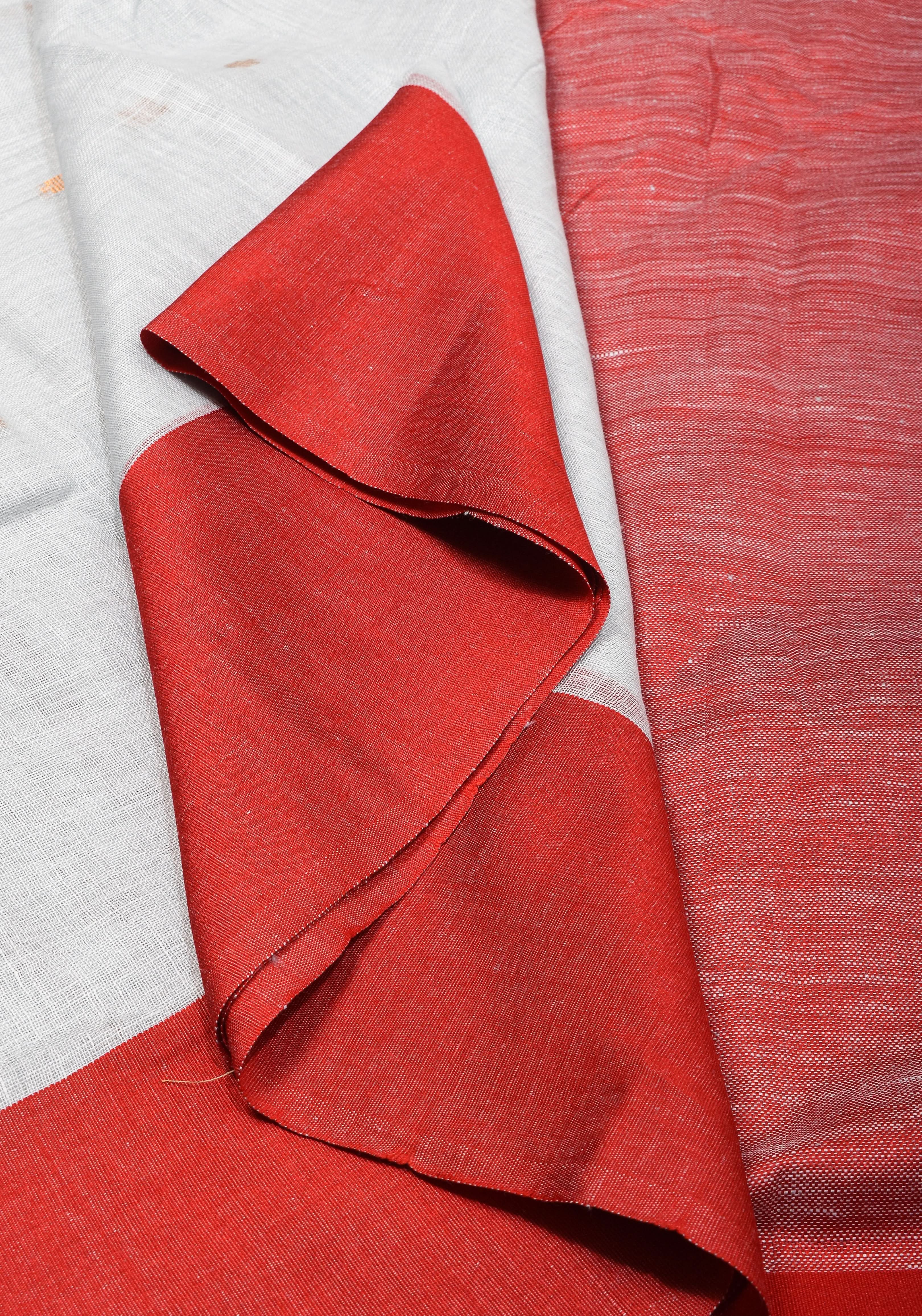 Off White and Red Linen by Linen Saree with thread Buttas | Shobitam