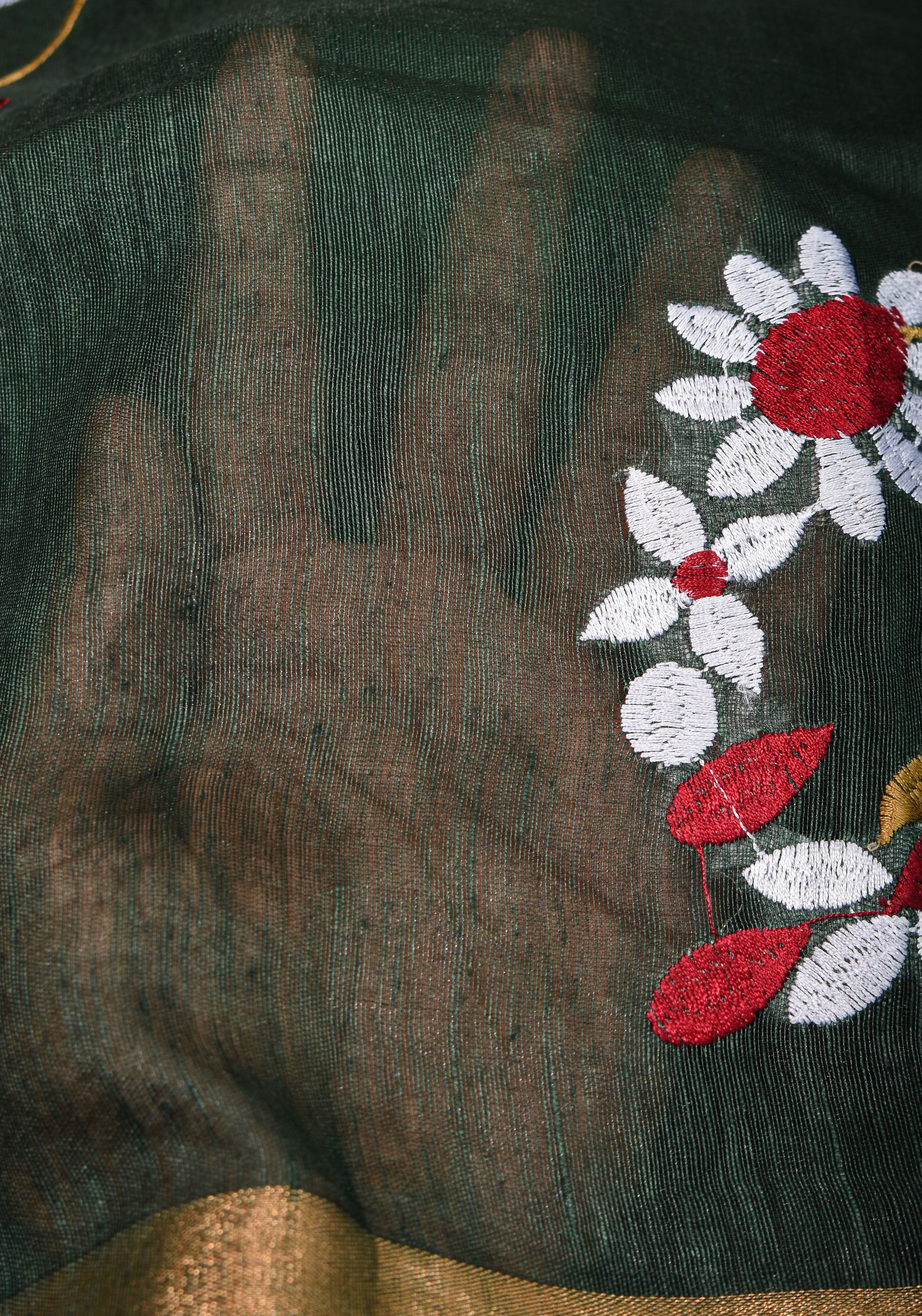 Hunter Green Silk Linen Saree with Moti Nath Embroidery,Woven zari Borders and Long Tassels | Shobitam