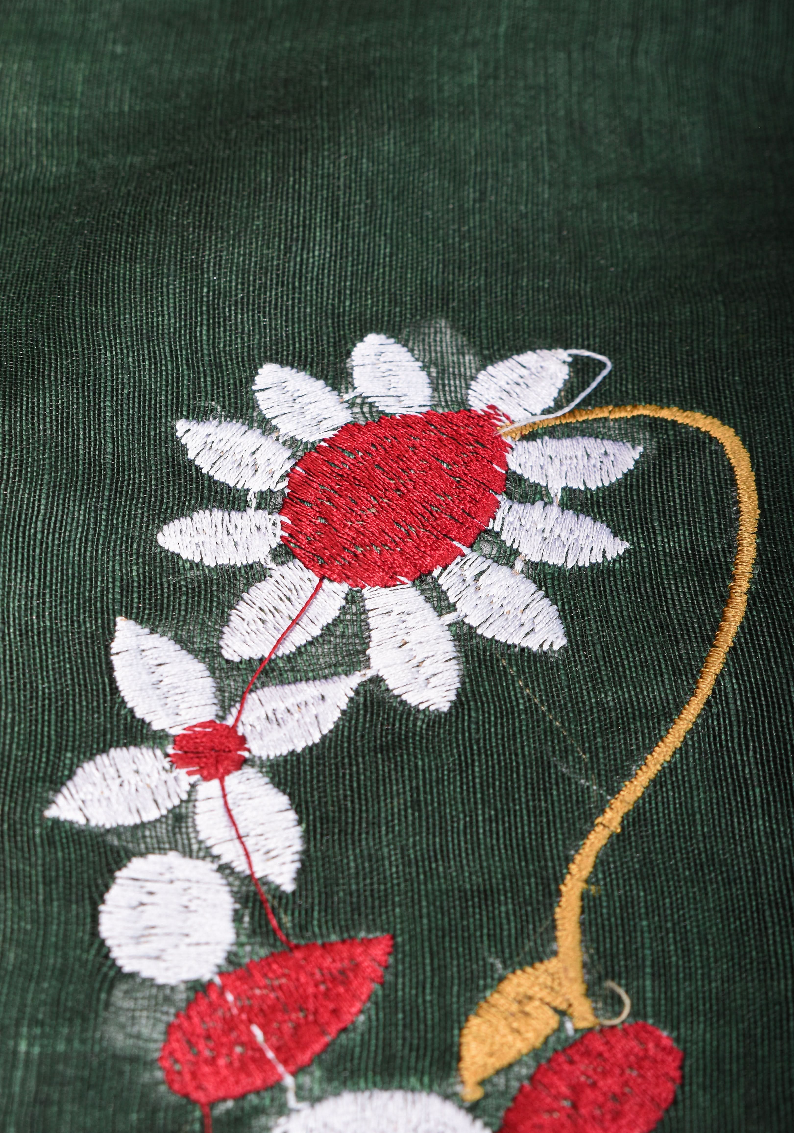Hunter Green Silk Linen Saree with Moti Nath Embroidery,Woven zari Borders and Long Tassels | Shobitam