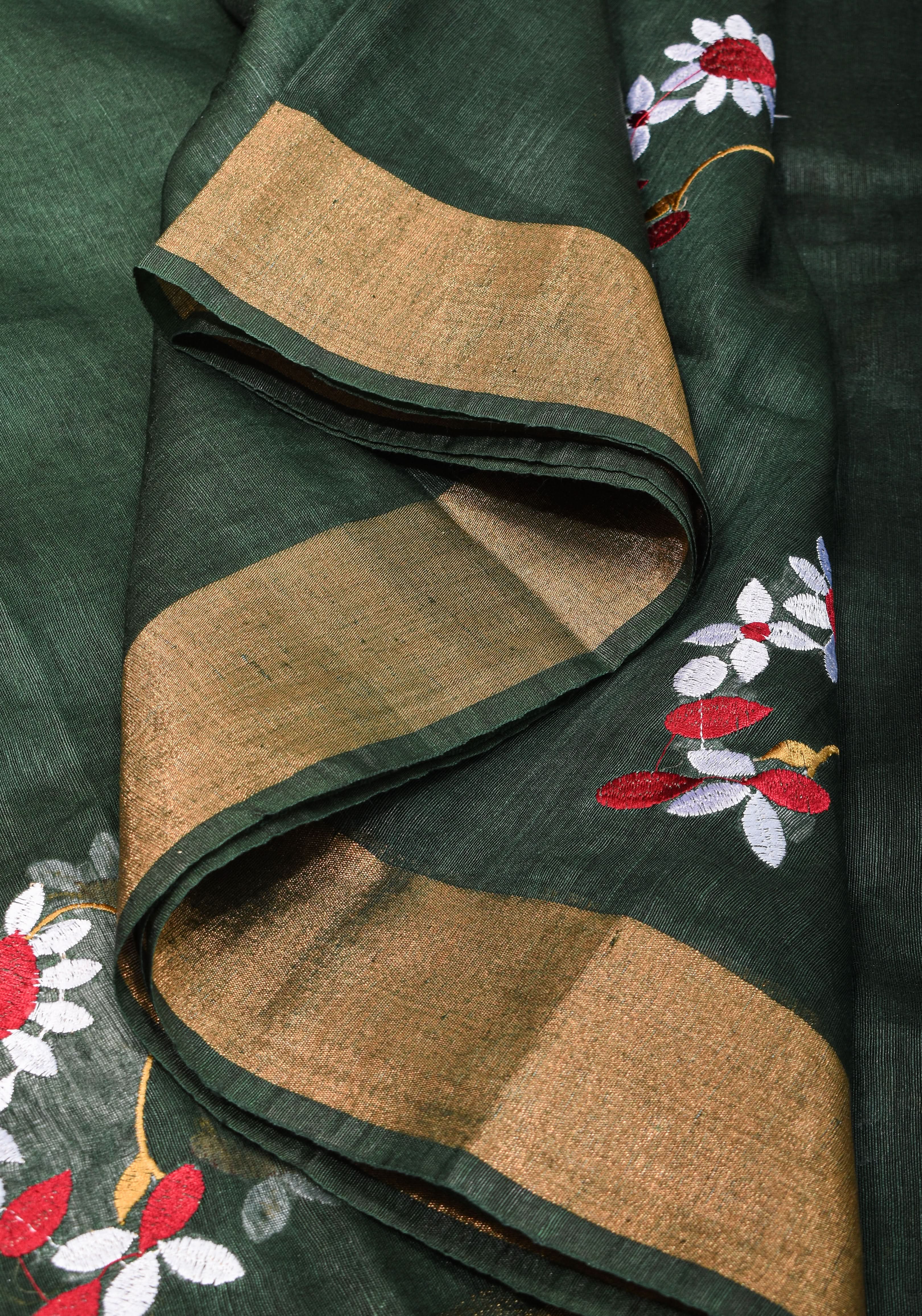 Hunter Green Silk Linen Saree with Moti Nath Embroidery,Woven zari Borders and Long Tassels | Shobitam