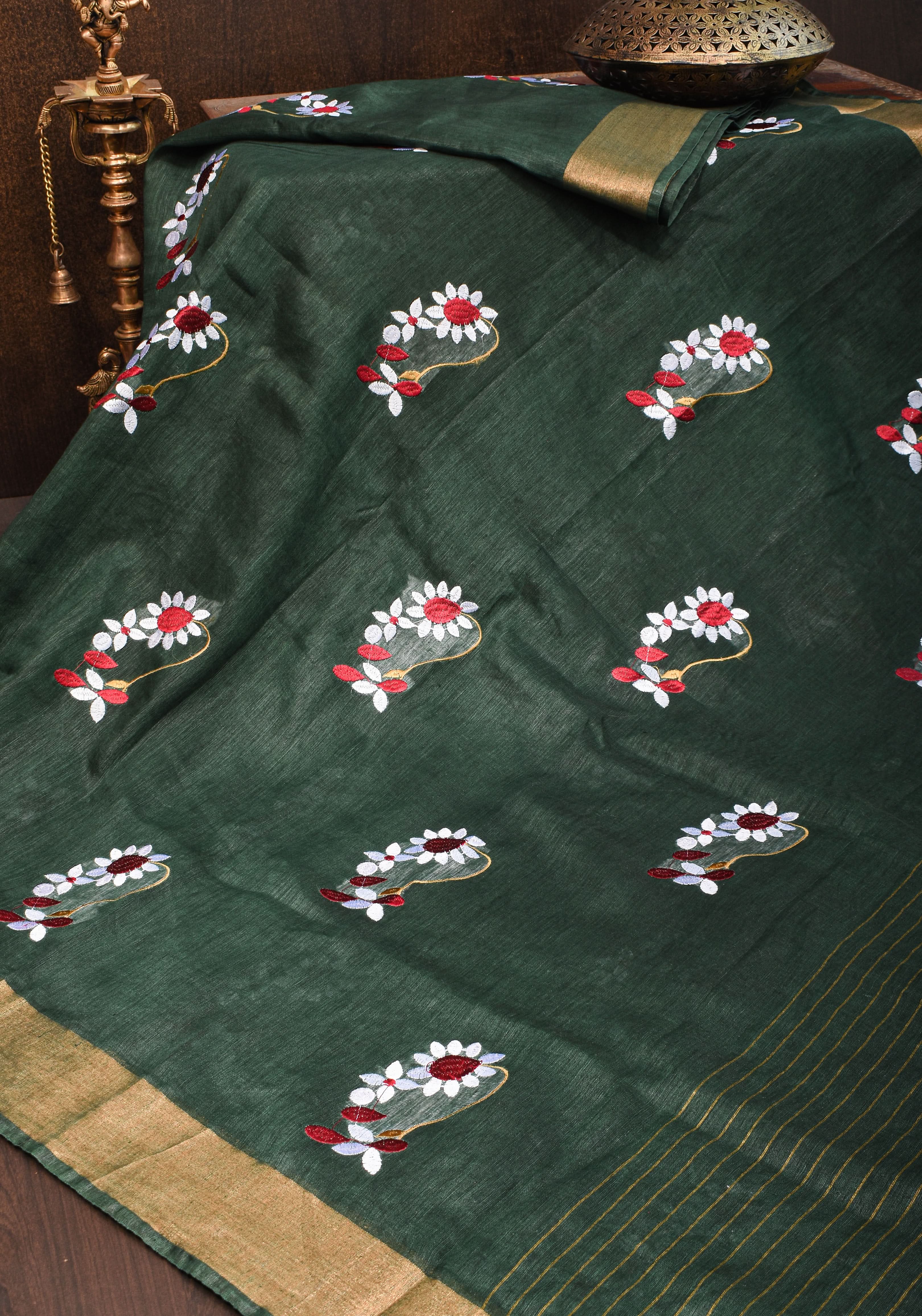 Hunter Green Silk Linen Saree with Moti Nath Embroidery,Woven zari Borders and Long Tassels | Shobitam
