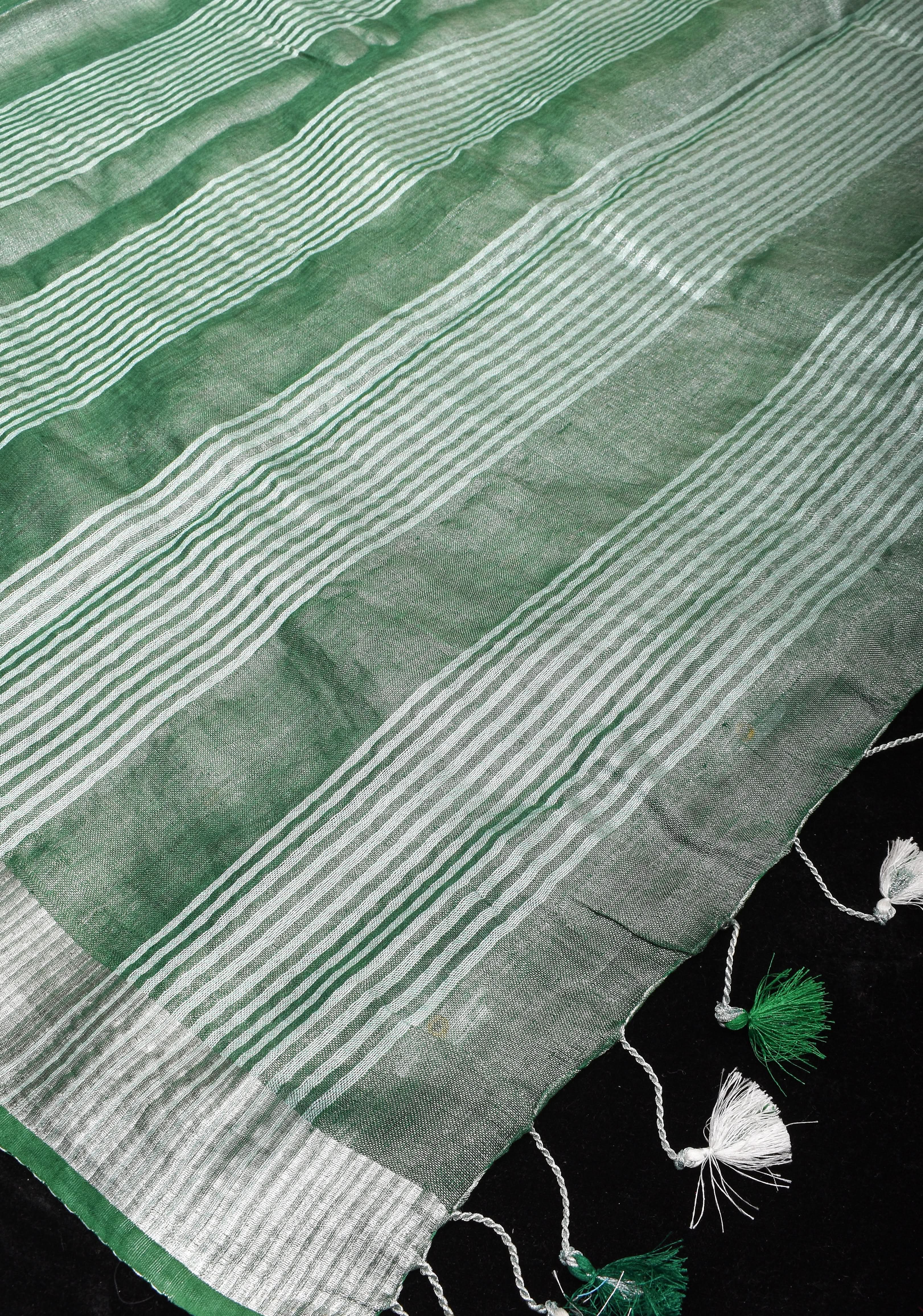 Tissue Linen Saree in Mint Green and Silver with Parijaat floral Embroidery | Shobitam