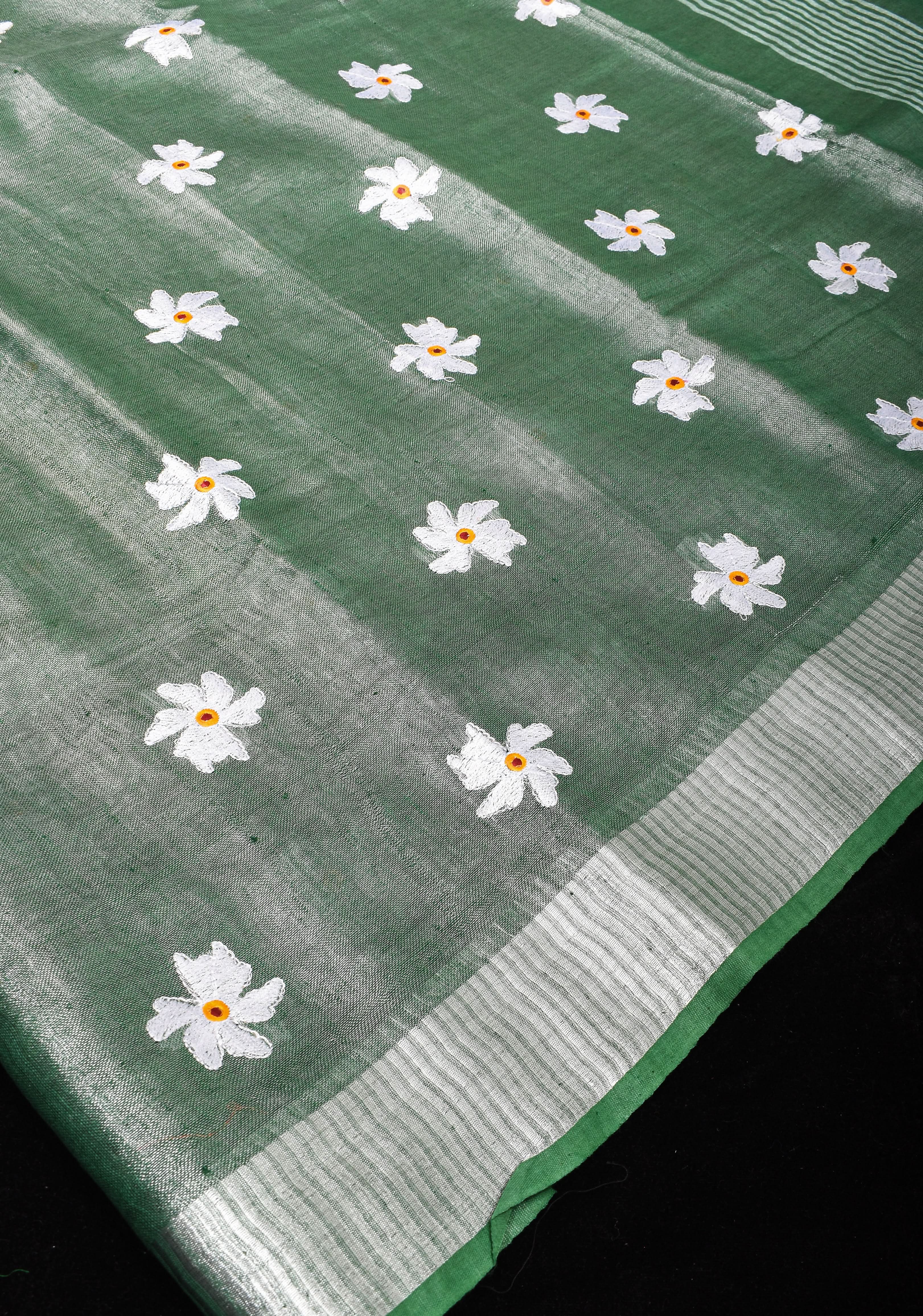 Tissue Linen Saree in Mint Green and Silver with Parijaat floral Embroidery | Shobitam