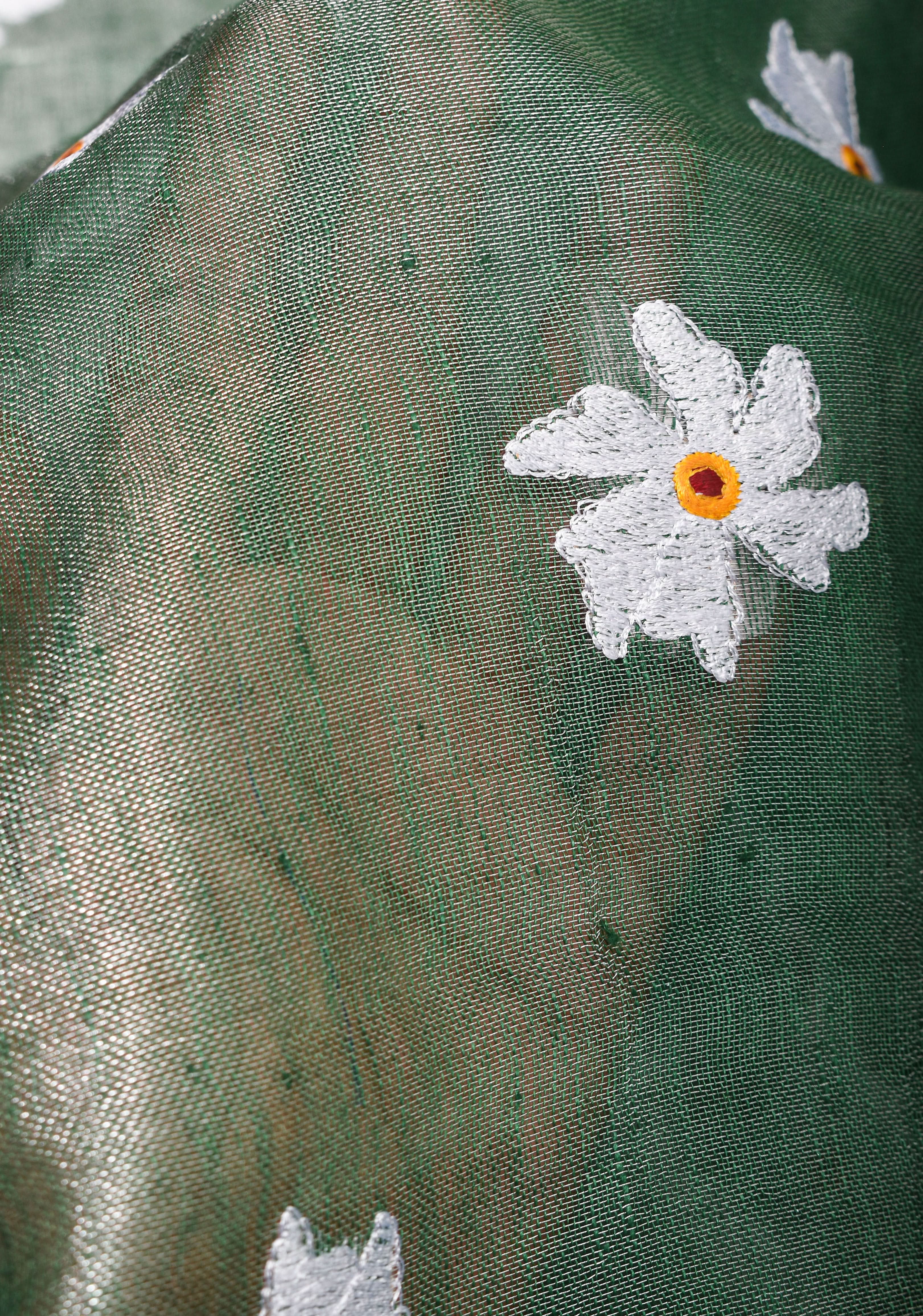 Tissue Linen Saree in Mint Green and Silver with Parijaat floral Embroidery | Shobitam