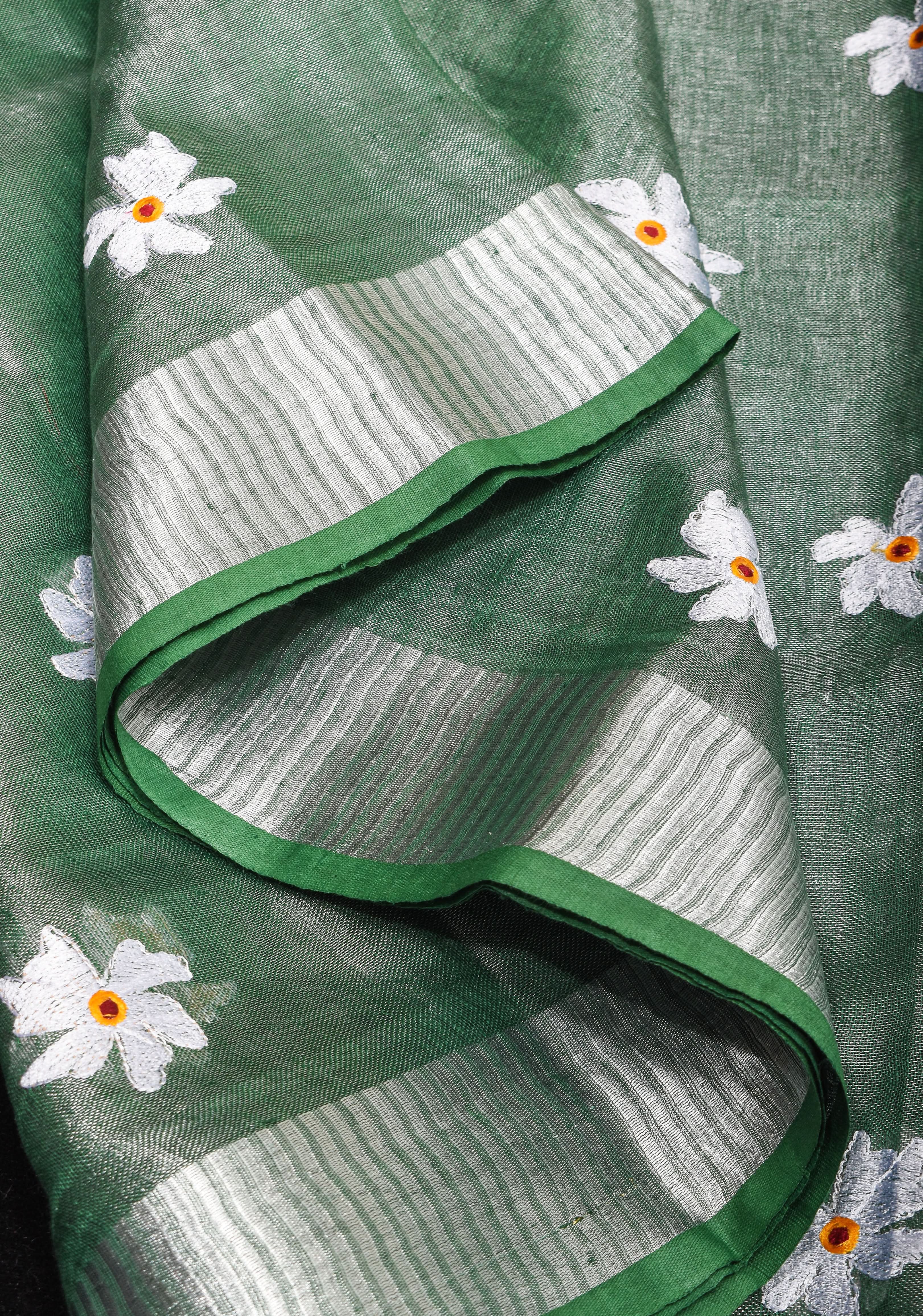 Tissue Linen Saree in Mint Green and Silver with Parijaat floral Embroidery | Shobitam