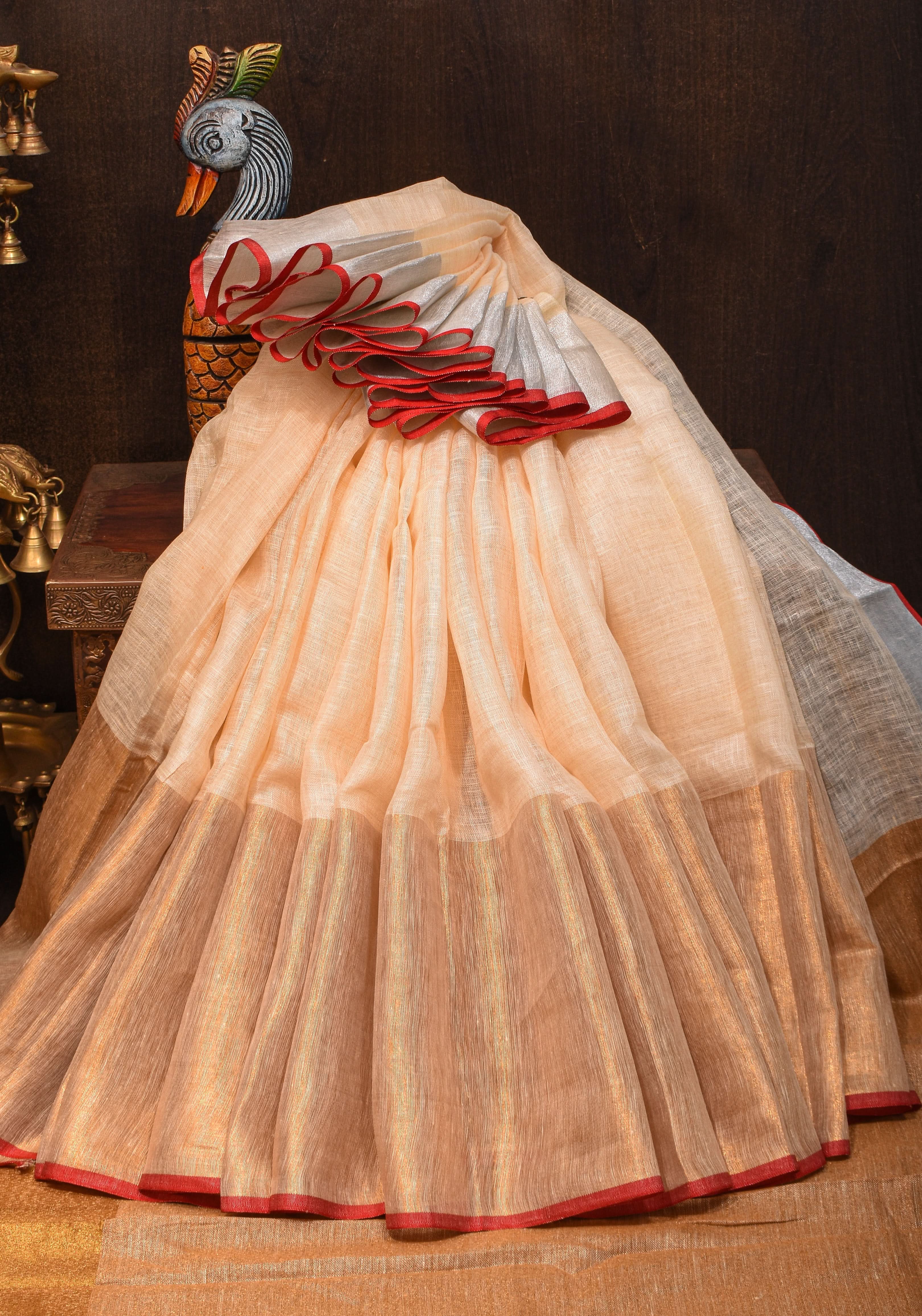 Ivory Ganga Jamuna Zari Border Pure Linen by Linen Saree | Shobitam