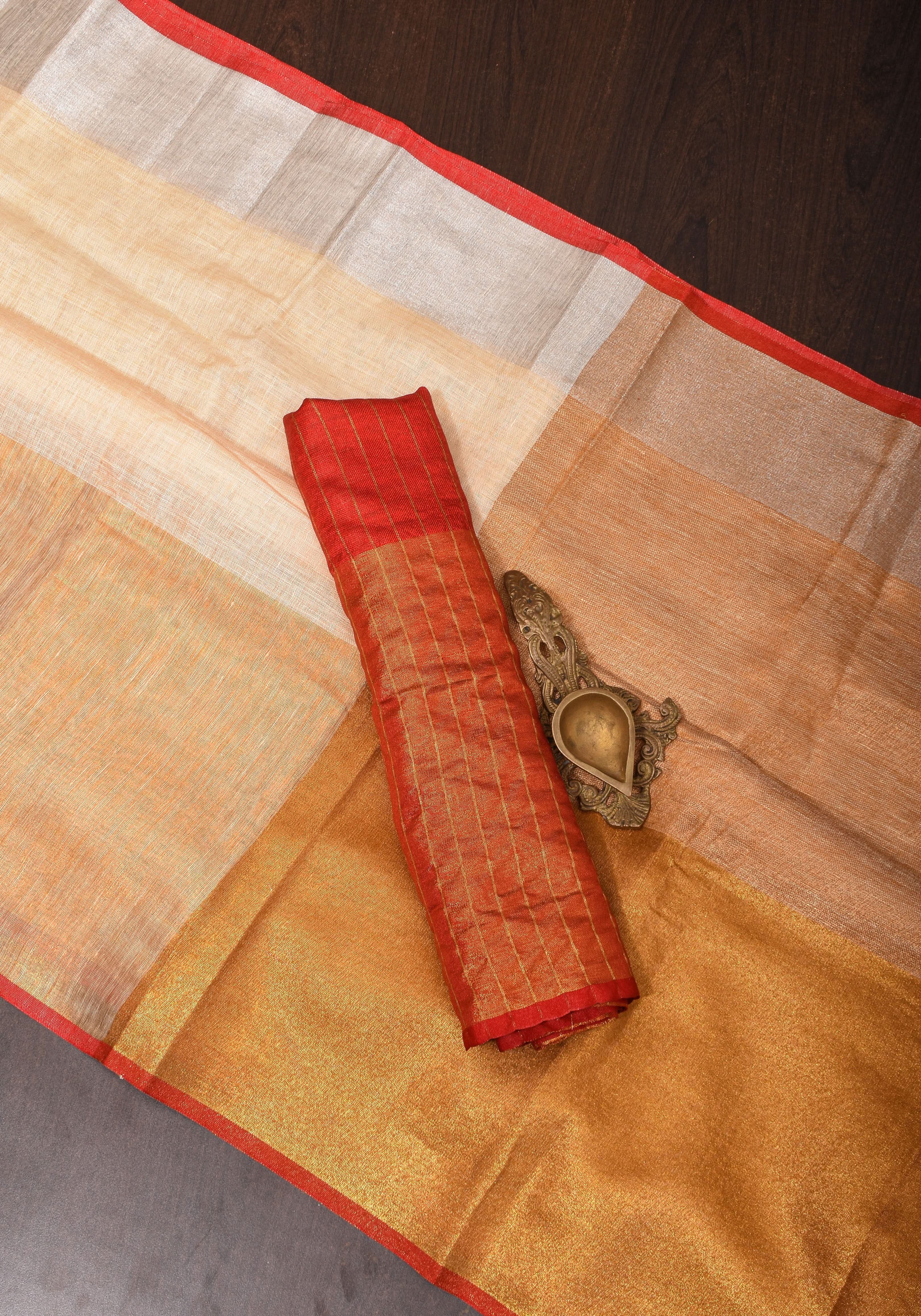 Ivory Ganga Jamuna Zari Border Pure Linen by Linen Saree | Shobitam