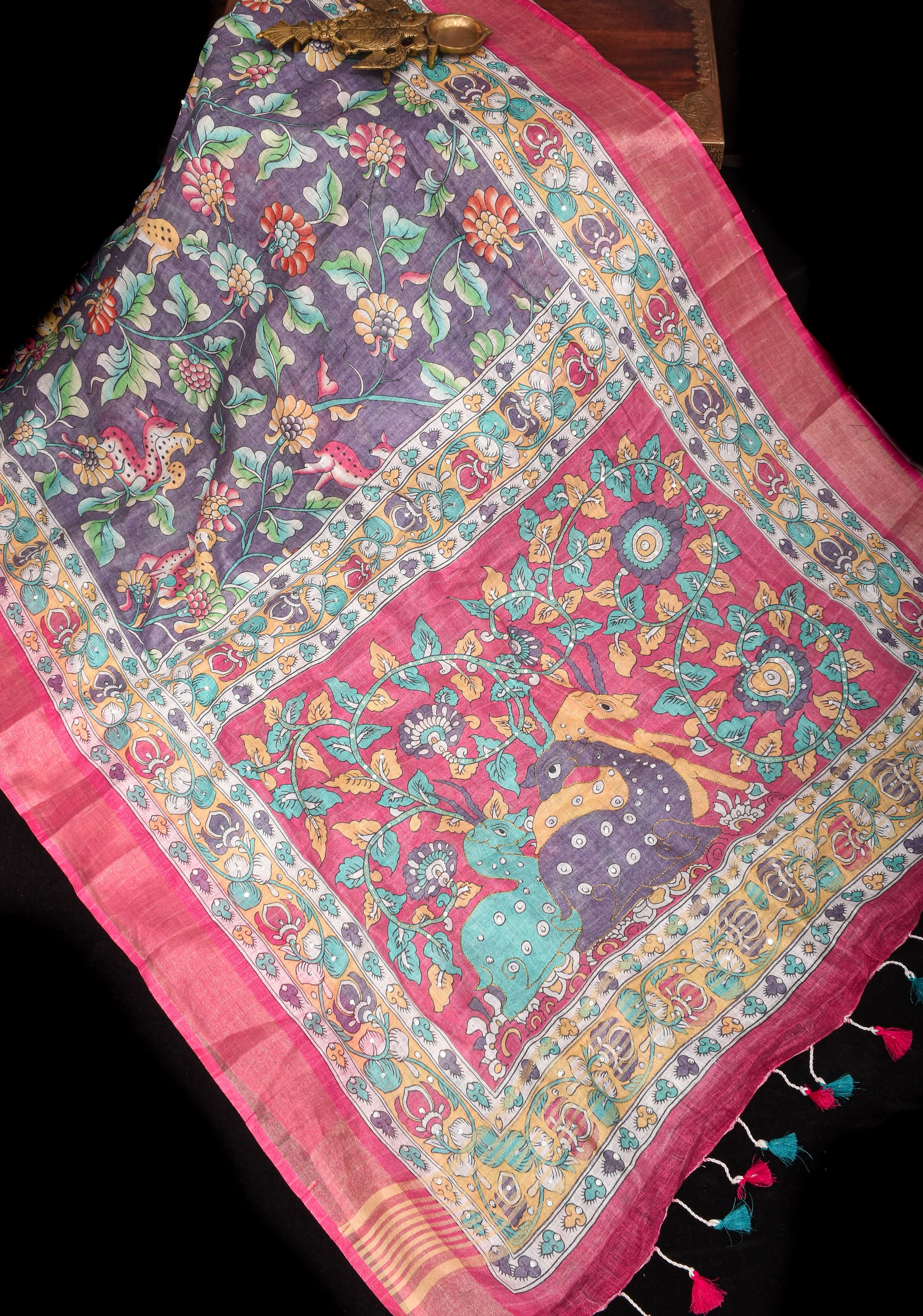 Distressed Print Kalamkari Linen Saree with Hand Sequin Work | Shobitam