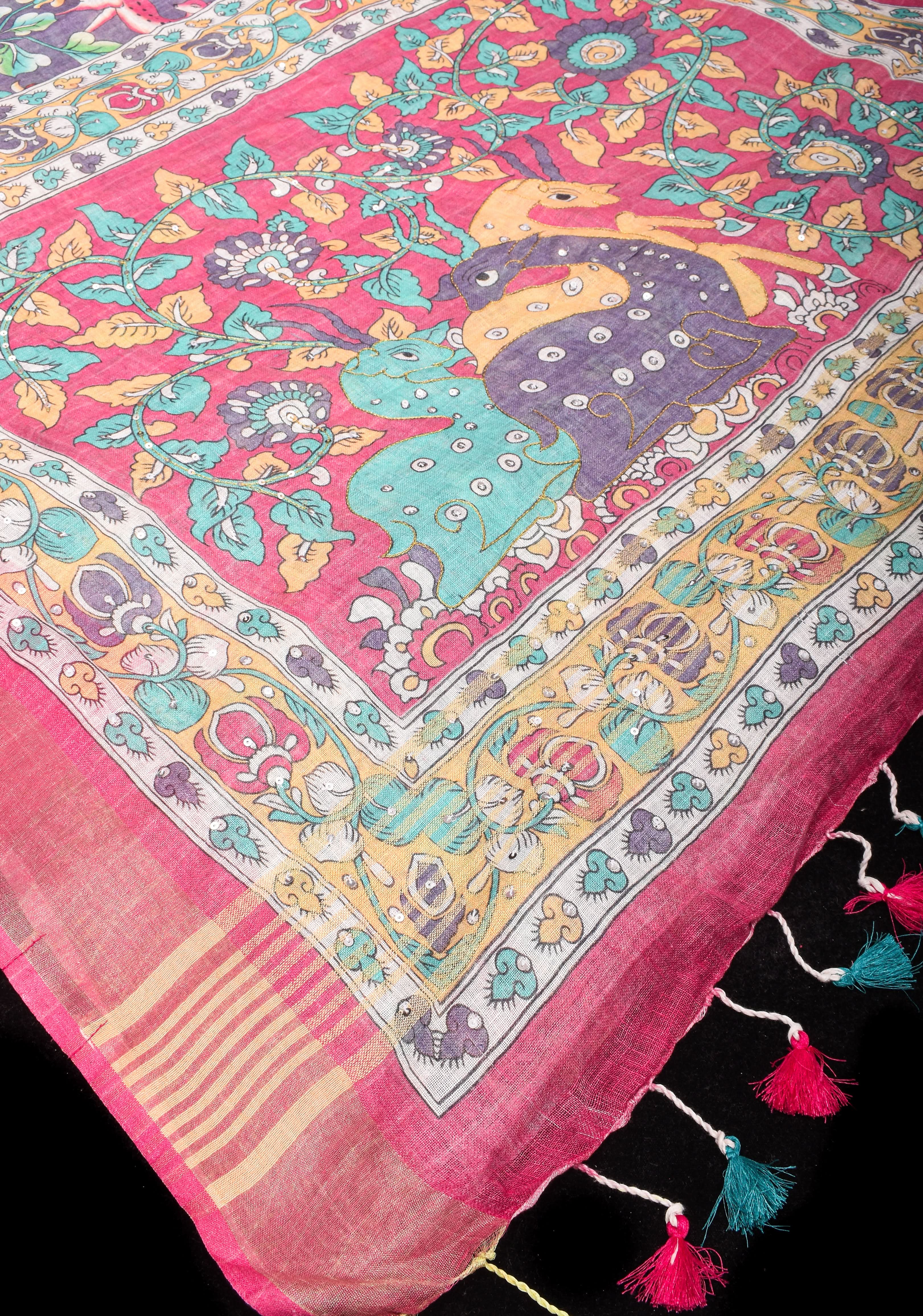 Distressed Print Kalamkari Linen Saree with Hand Sequin Work | Shobitam