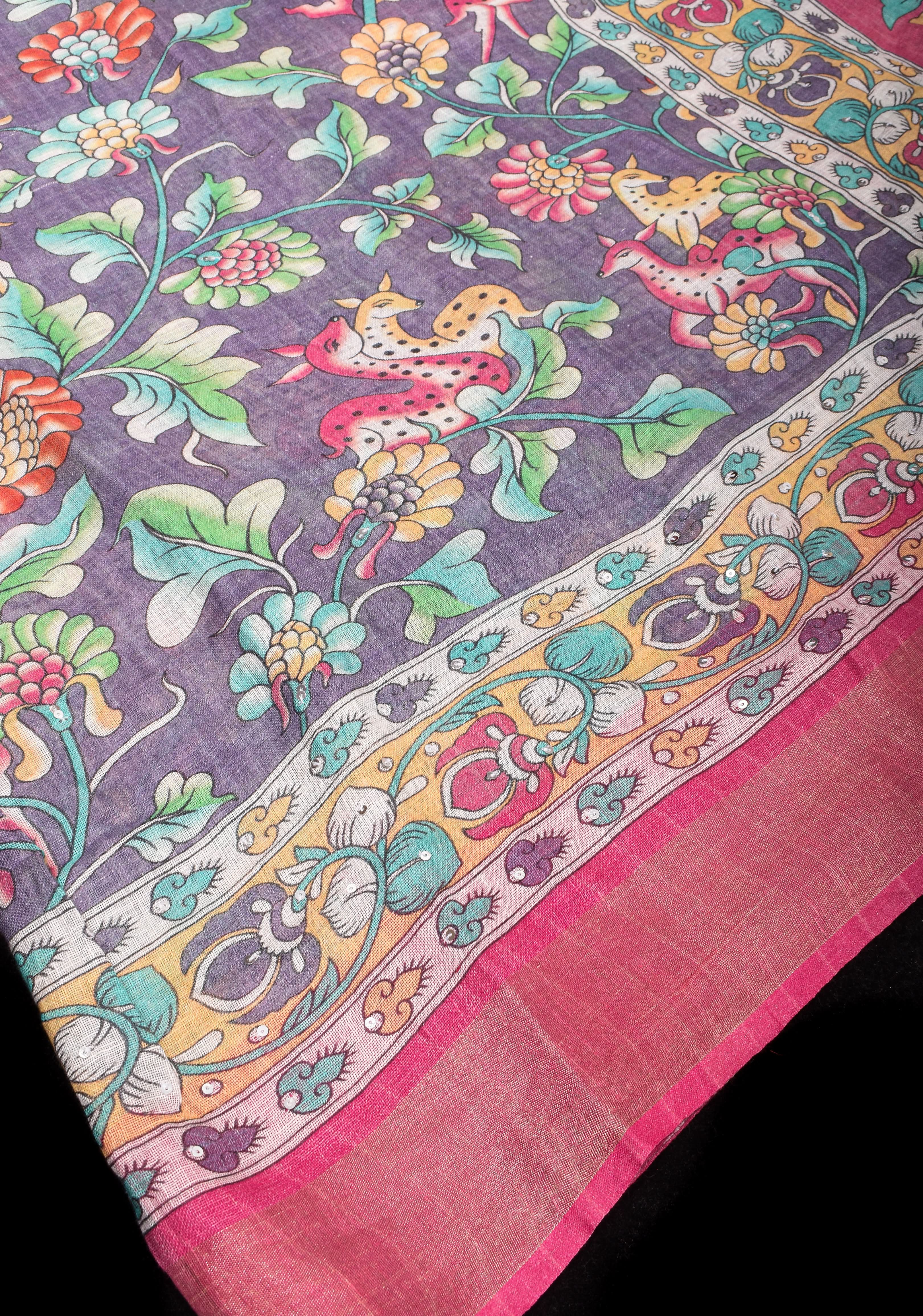 Distressed Print Kalamkari Linen Saree with Hand Sequin Work | Shobitam