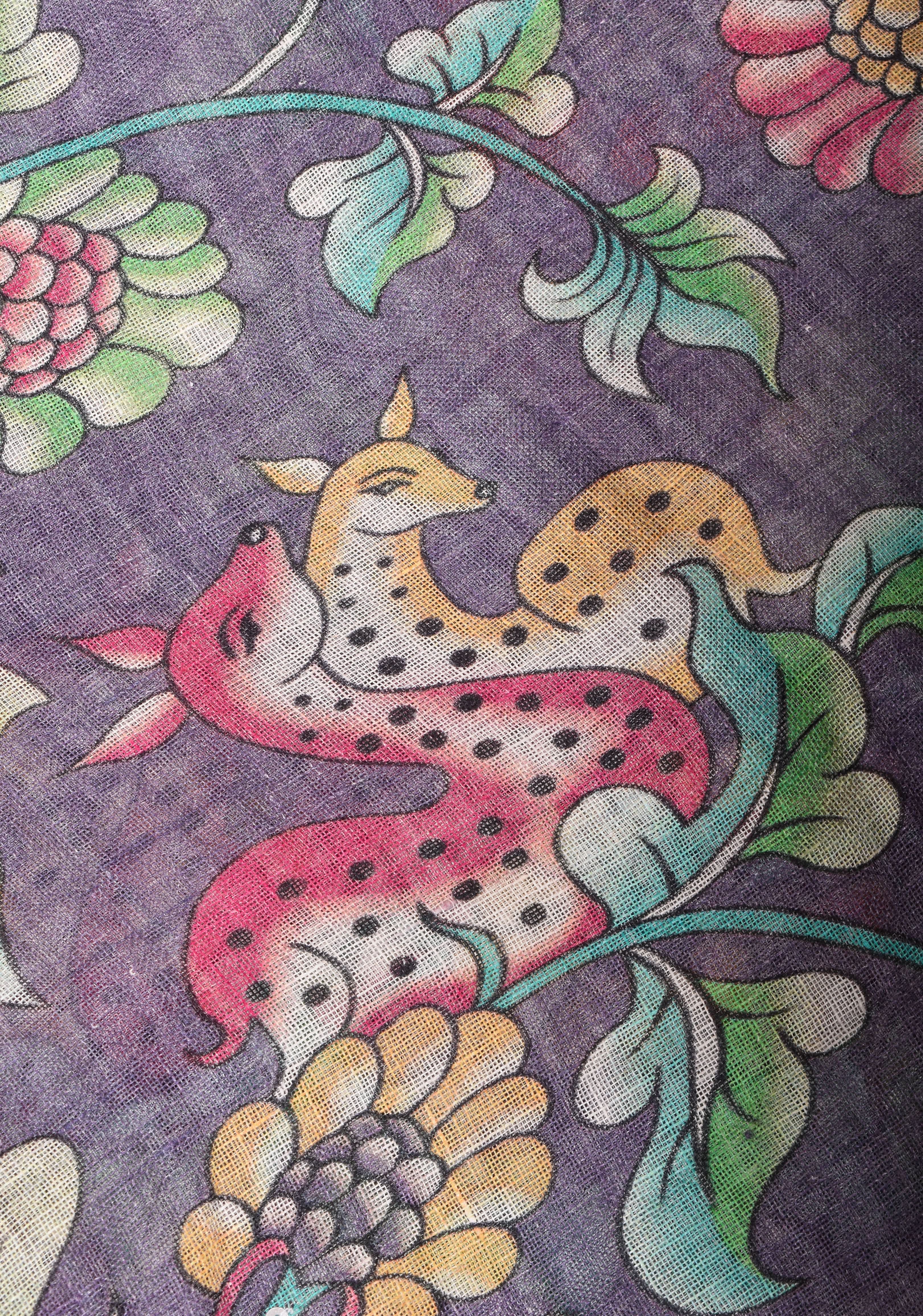 Distressed Print Kalamkari Linen Saree with Hand Sequin Work | Shobitam