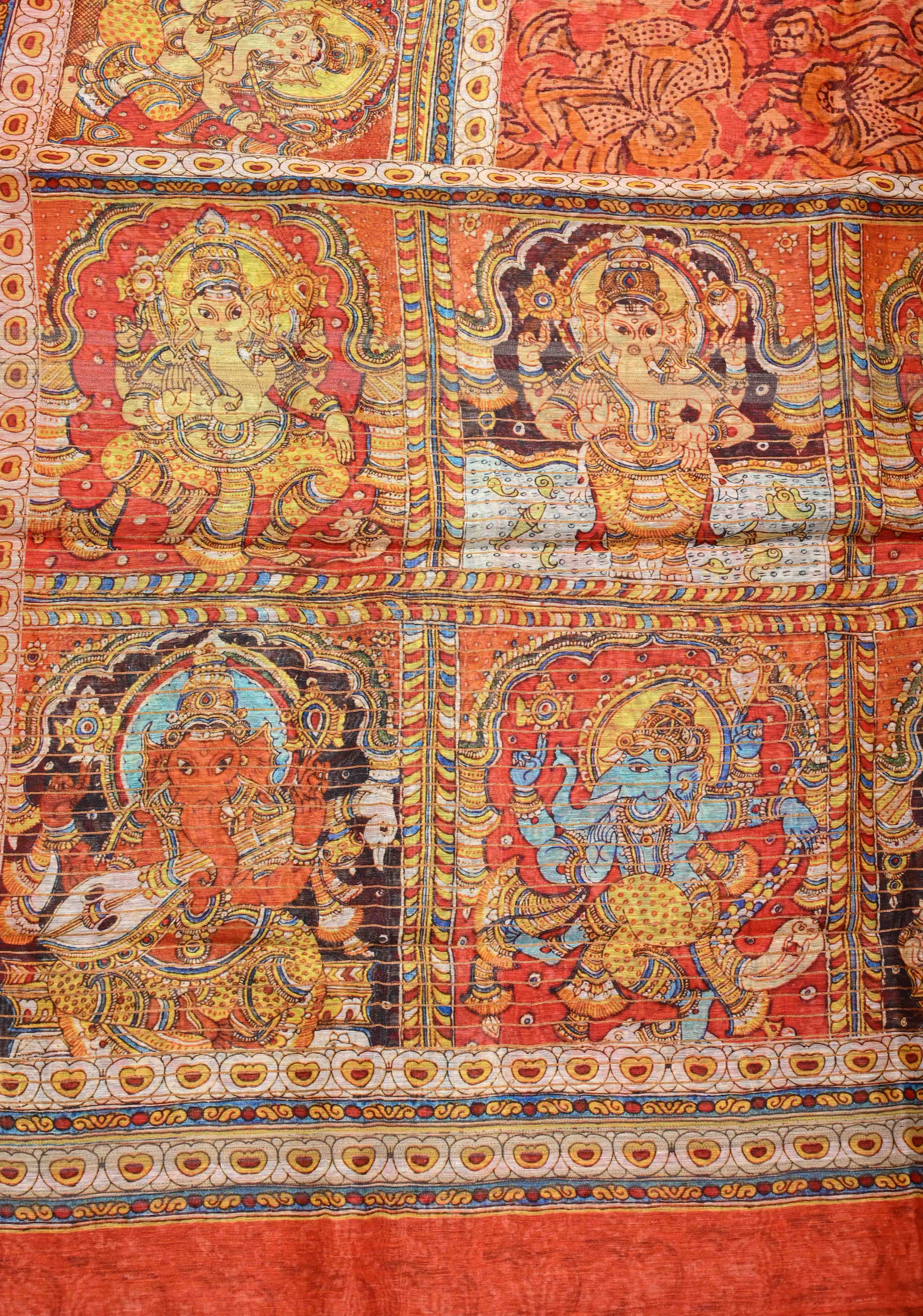 Ashta Ganapathi Kalamkari Digital Print Silk Linen Saree in Orange | Shobitam