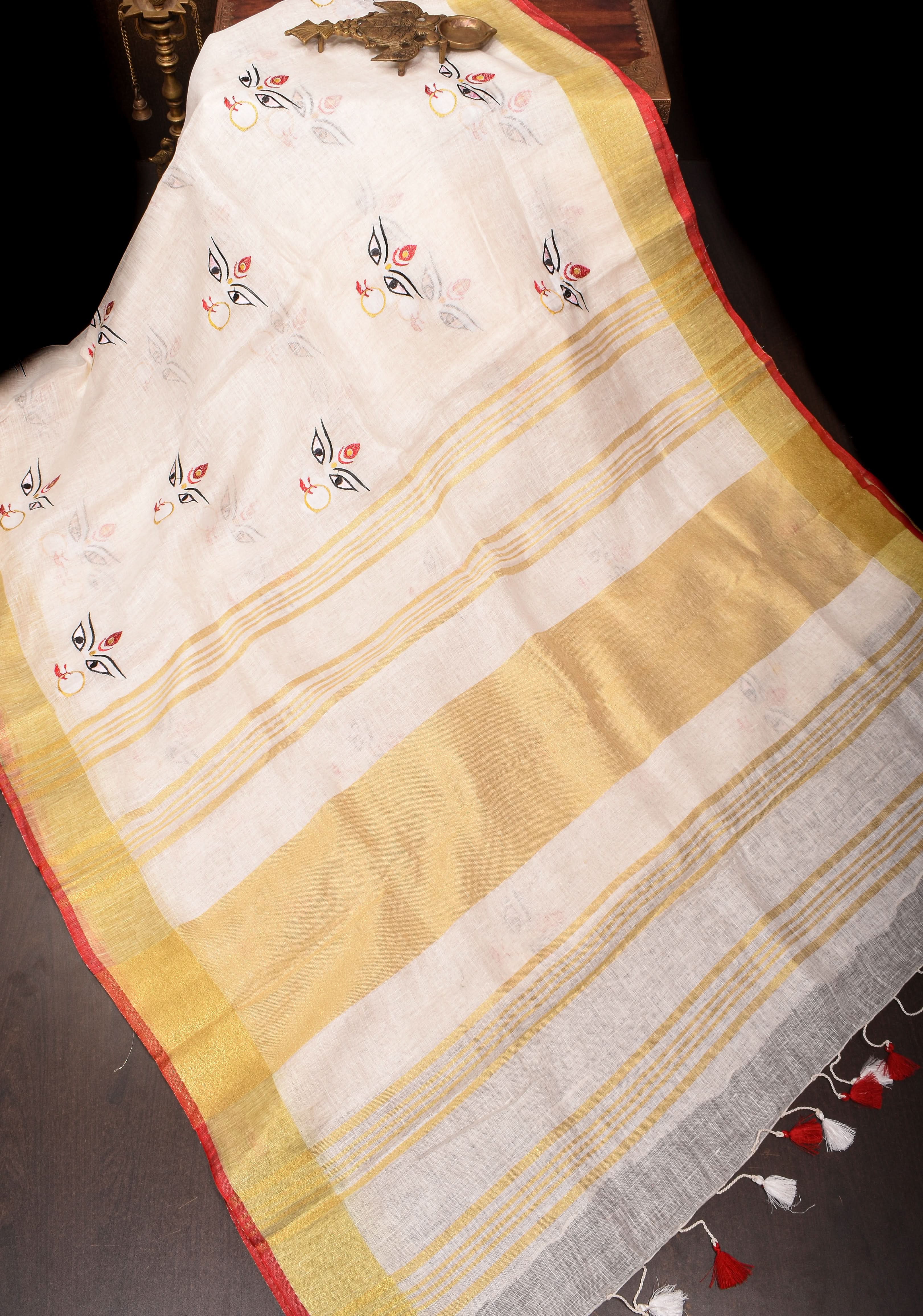 Stunning White Linen Saree with Goddess Durga Motif. Top Seller Saree. Vidya Balan Favorite! | Shobitam