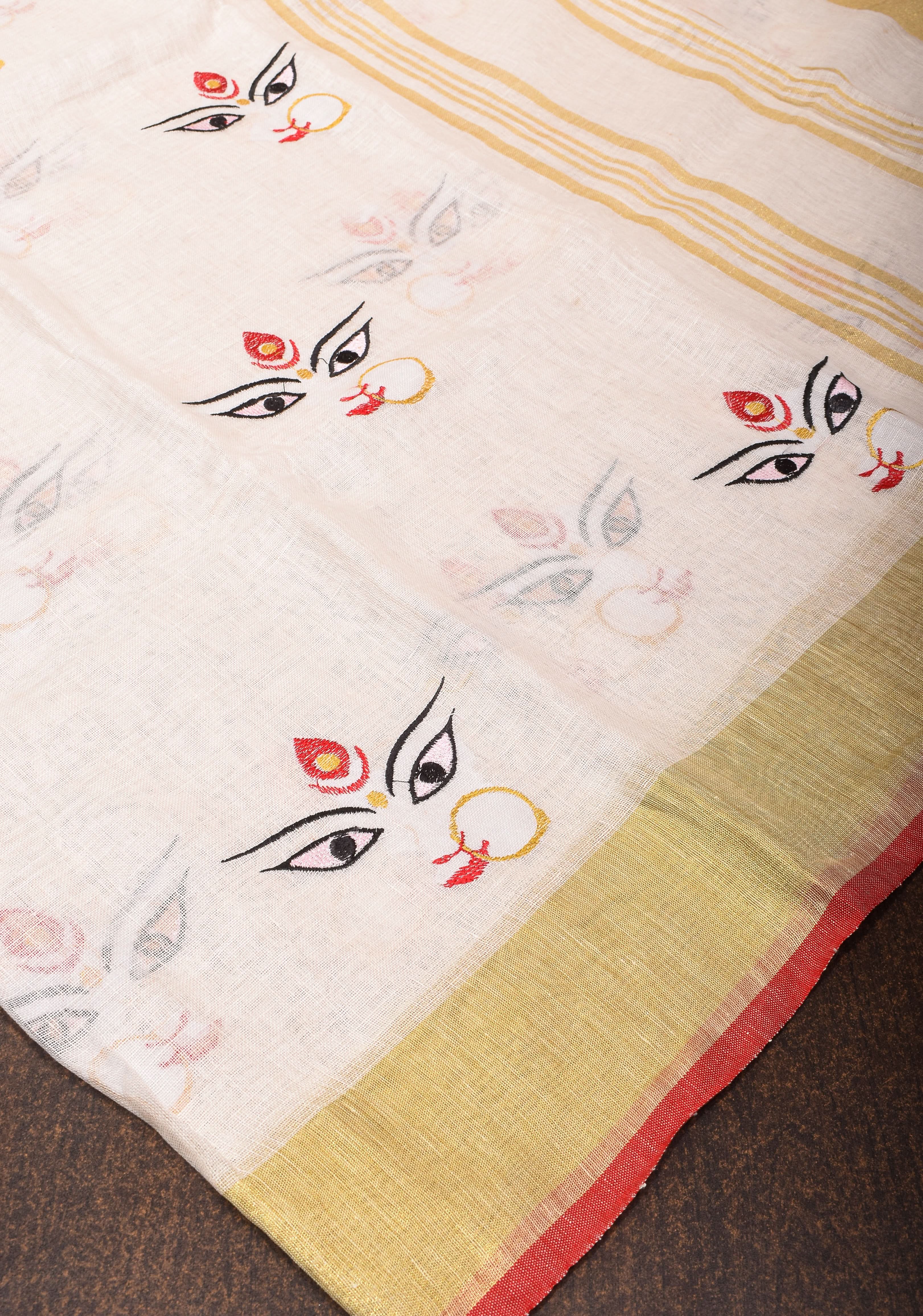 Stunning White Linen Saree with Goddess Durga Motif. Top Seller Saree. Vidya Balan Favorite! | Shobitam
