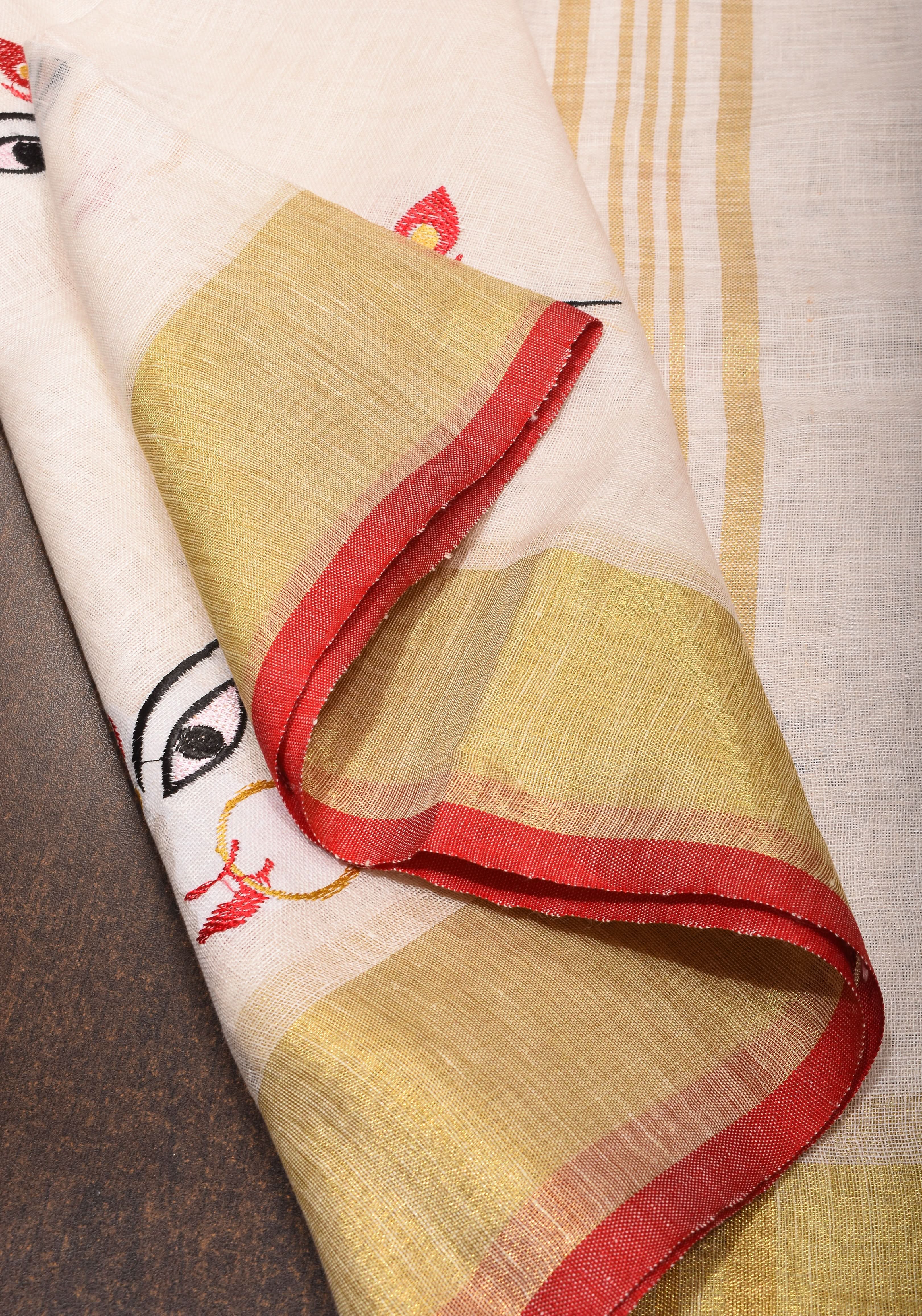 Stunning White Linen Saree with Goddess Durga Motif. Top Seller Saree. Vidya Balan Favorite! | Shobitam