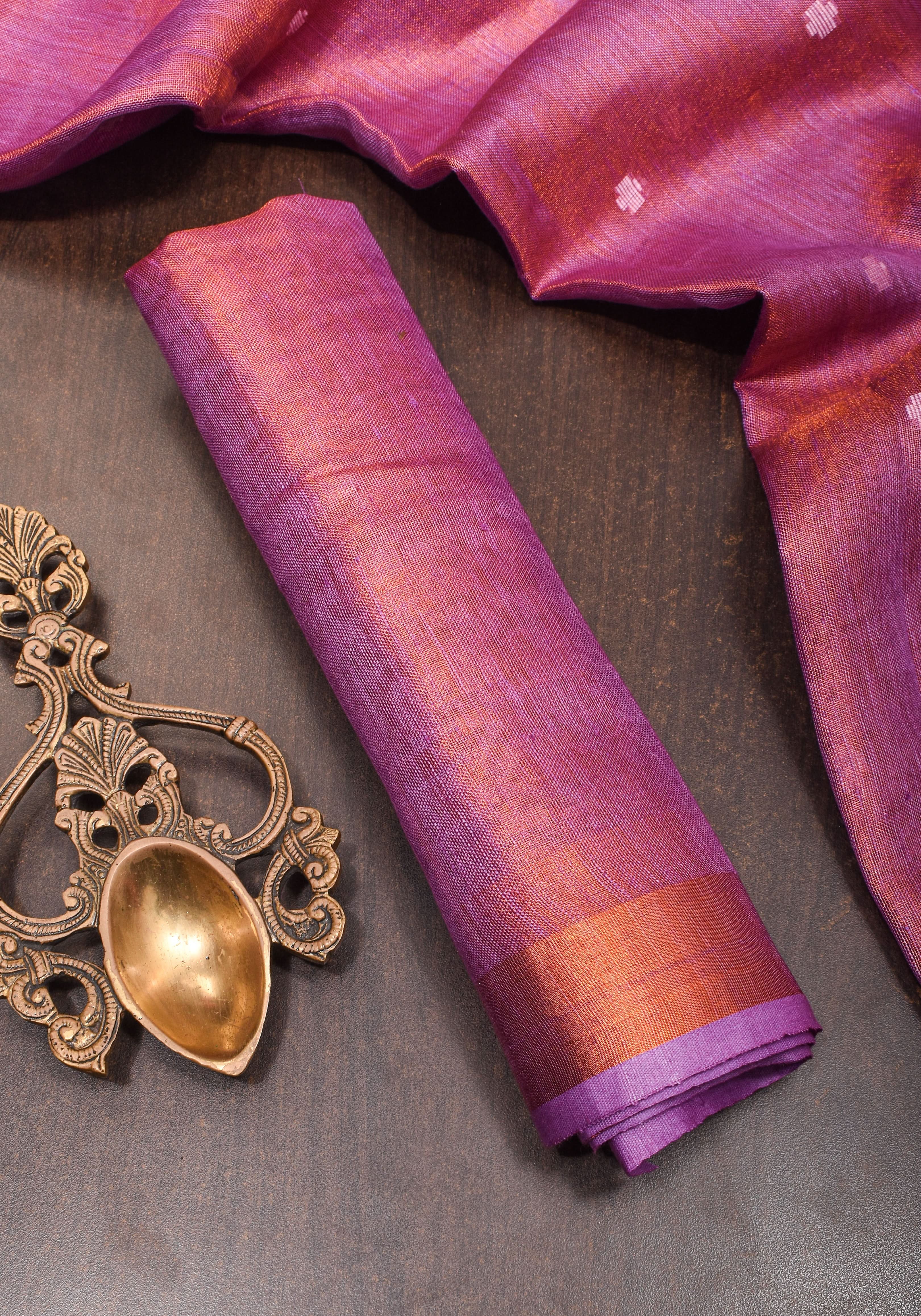 Amethyst Copper Tissue Stunning Tissue Linen Saree with Chunri Butis and Full Tissue Pallu | Shobitam