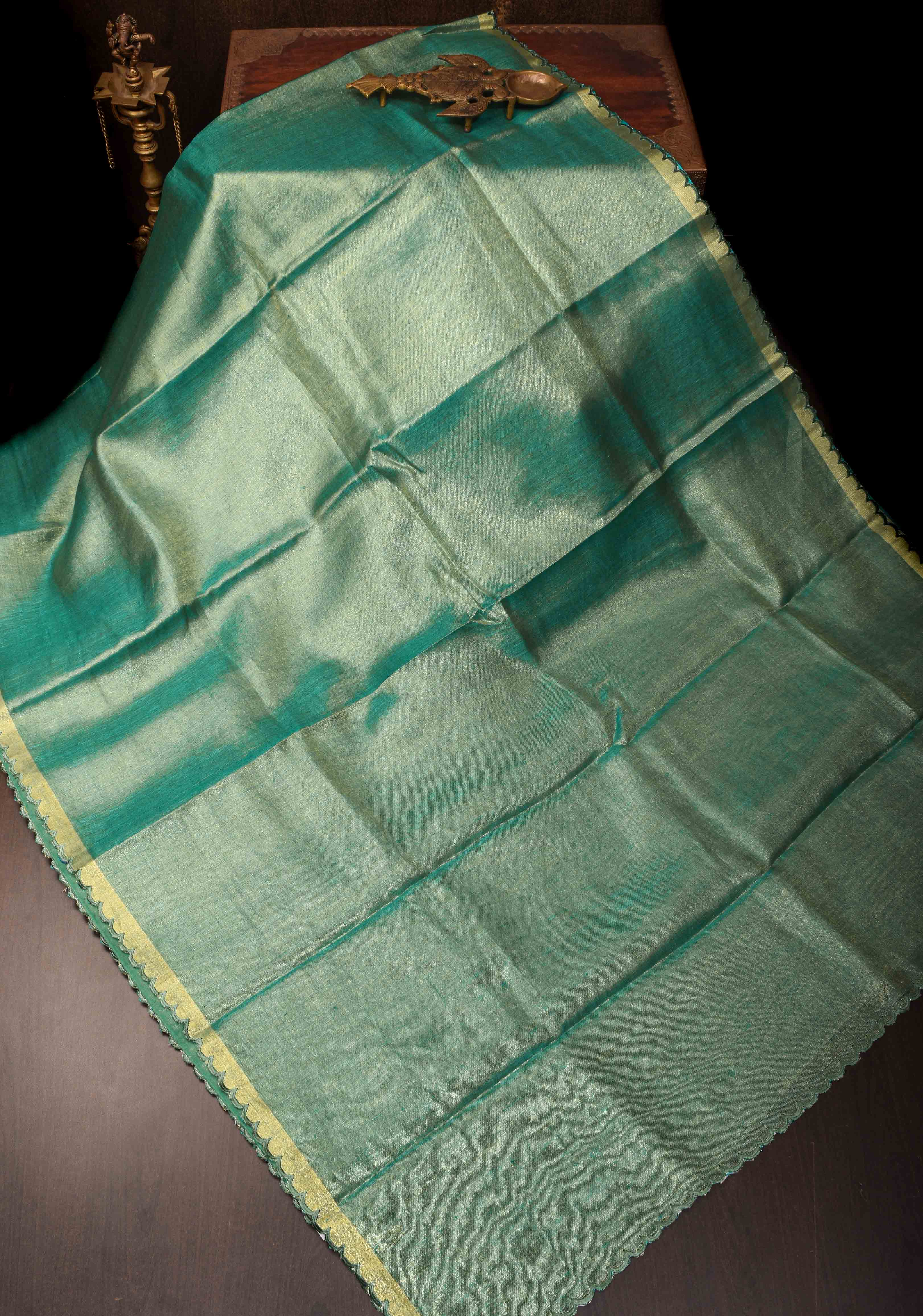 Green and Gold Tissue Linen Saree with Scallop border | Shobitam