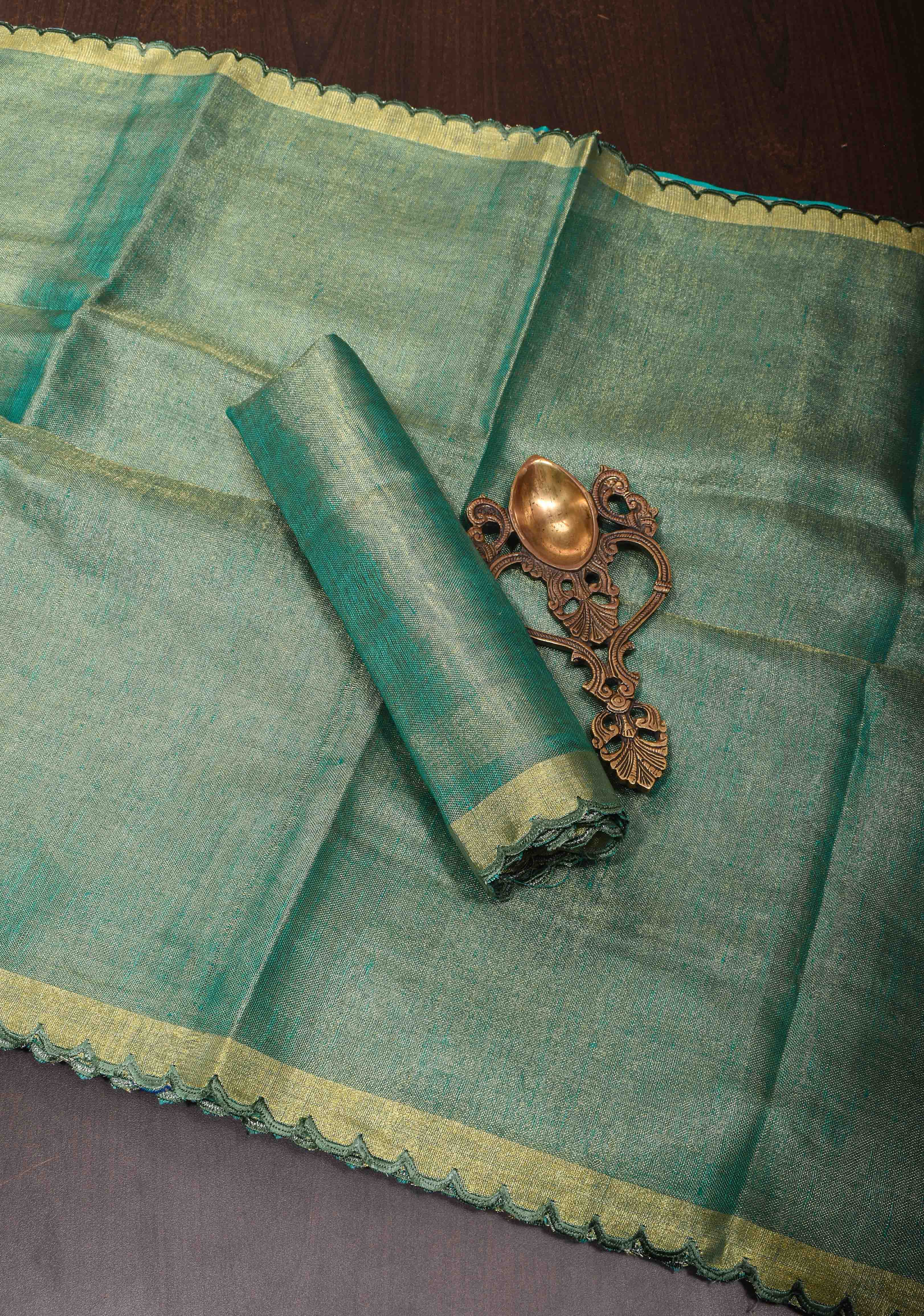 Green and Gold Tissue Linen Saree with Scallop border | Shobitam