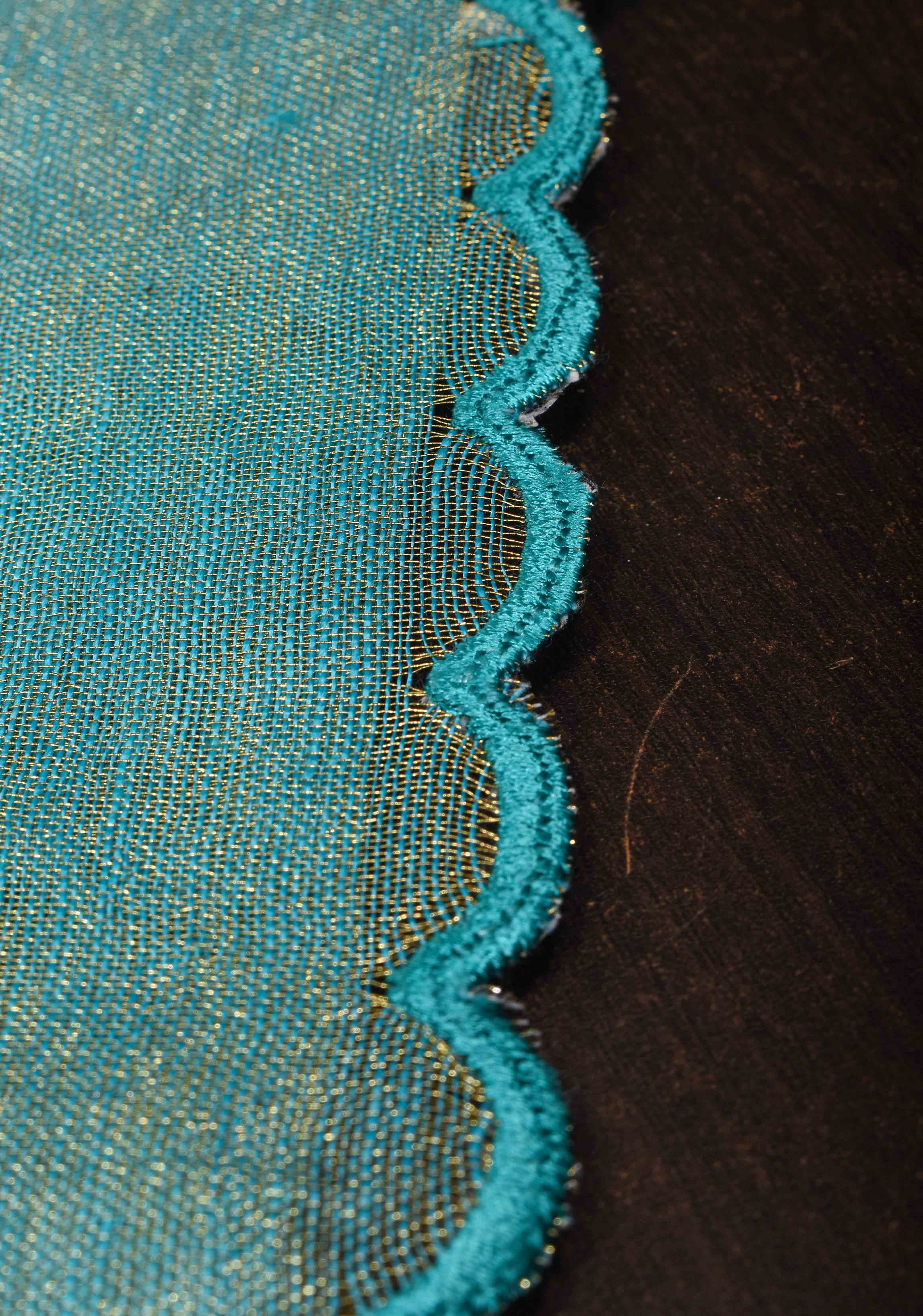 Sea Green Scalloped Tissue Linen Saree and Golden border | Shobitam