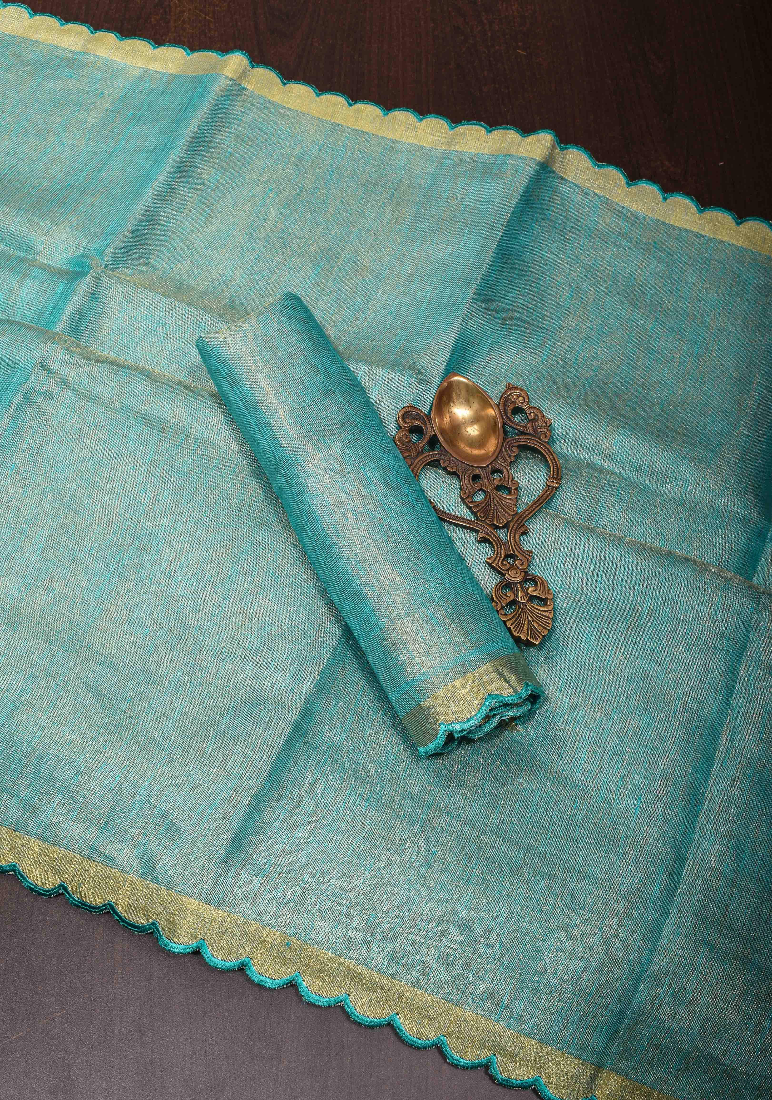 Sea Green Scalloped Tissue Linen Saree and Golden border | Shobitam