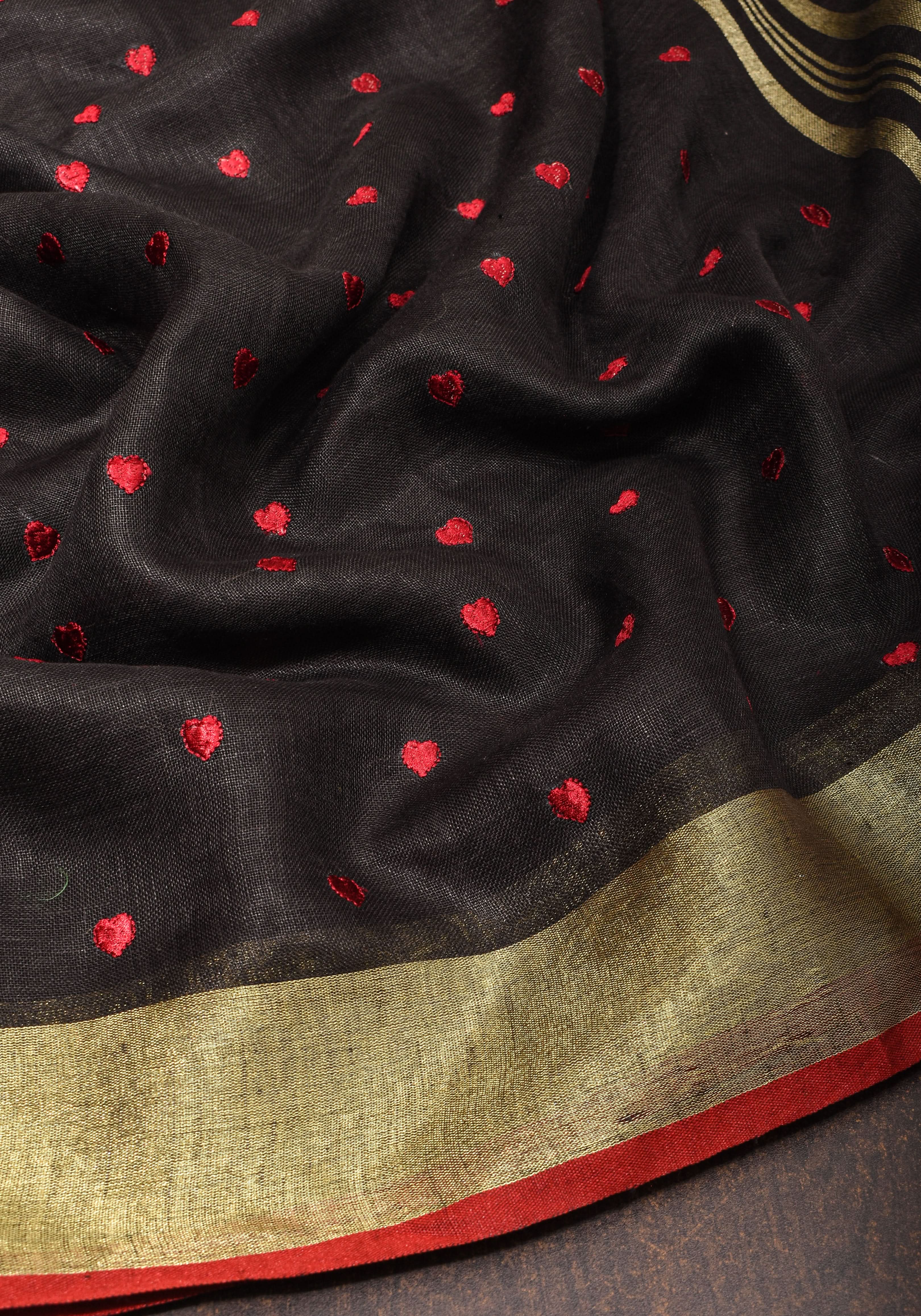 Shobitam Exclusive Celebrity Loving Hearts Embroidered Black Pure Linen Saree