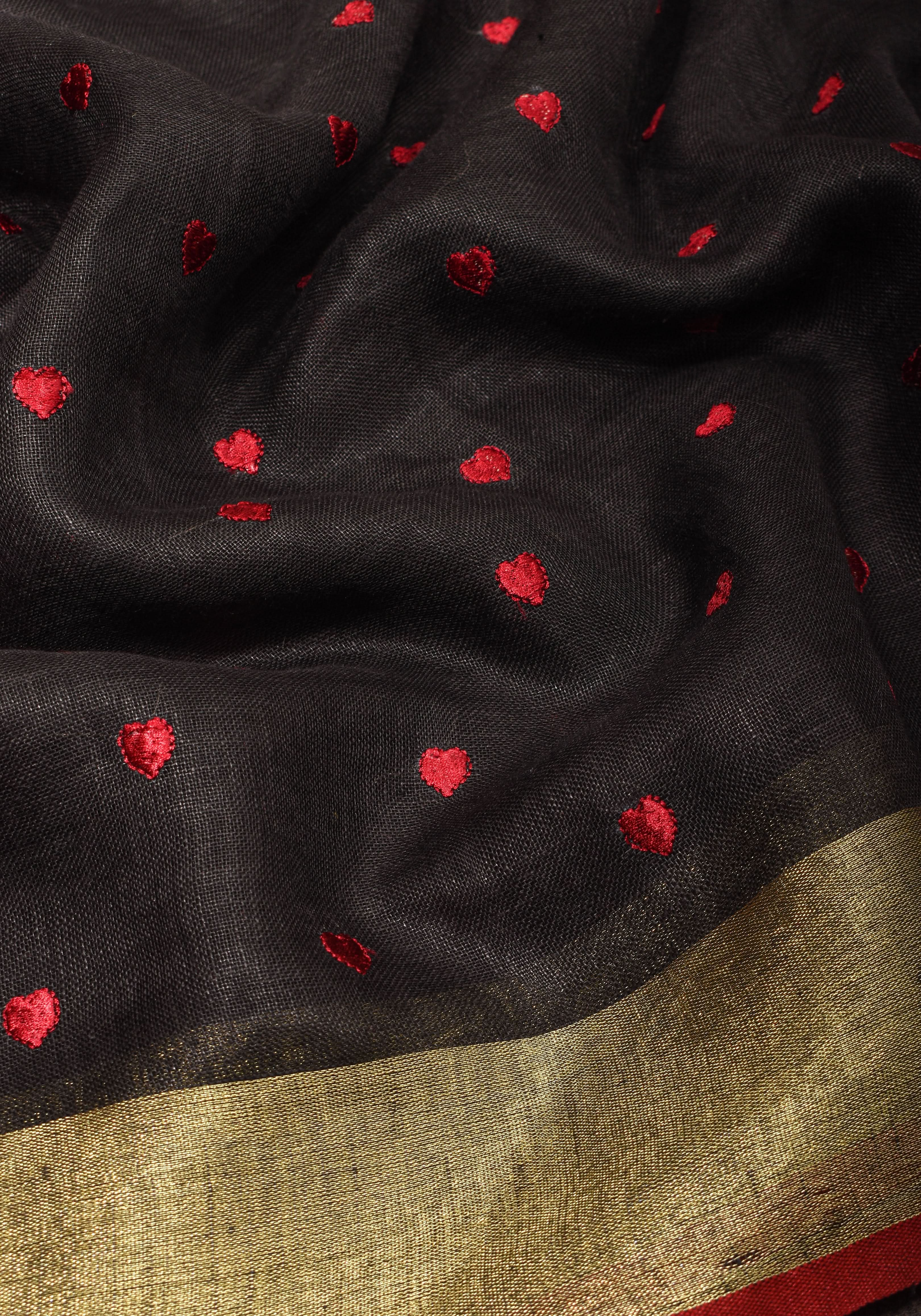 Shobitam Exclusive Celebrity Loving Hearts Embroidered Black Pure Linen Saree