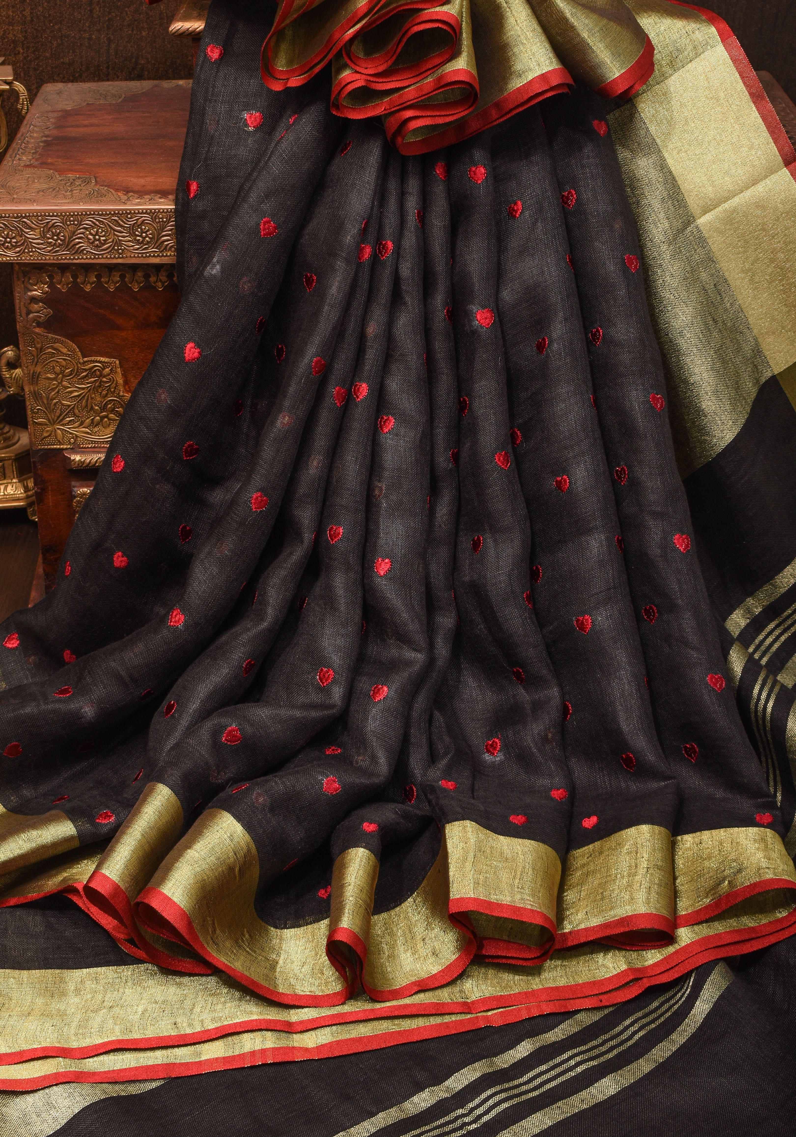 Shobitam Exclusive Celebrity Loving Hearts Embroidered Black Pure Linen Saree