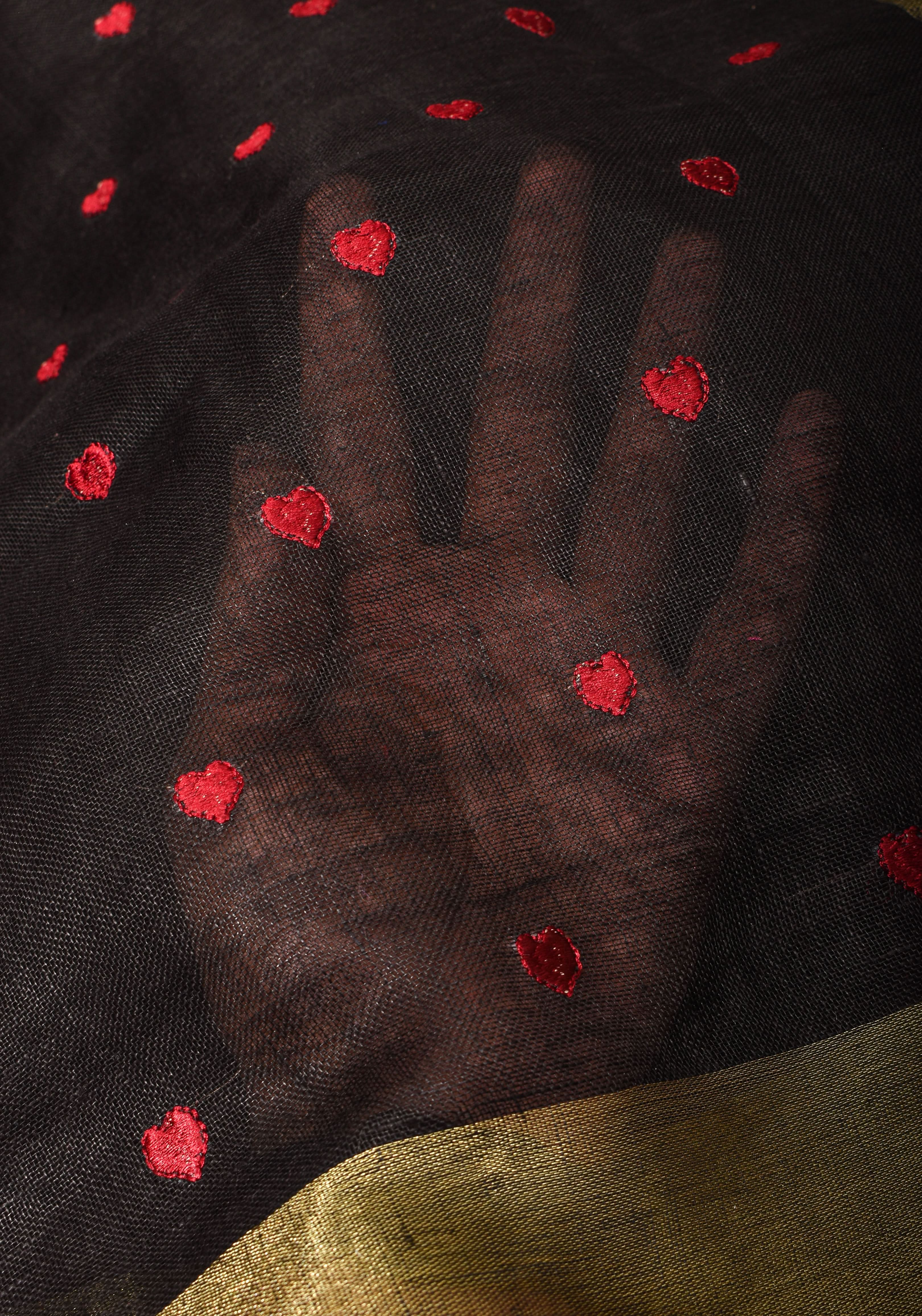 Shobitam Exclusive Celebrity Loving Hearts Embroidered Black Pure Linen Saree