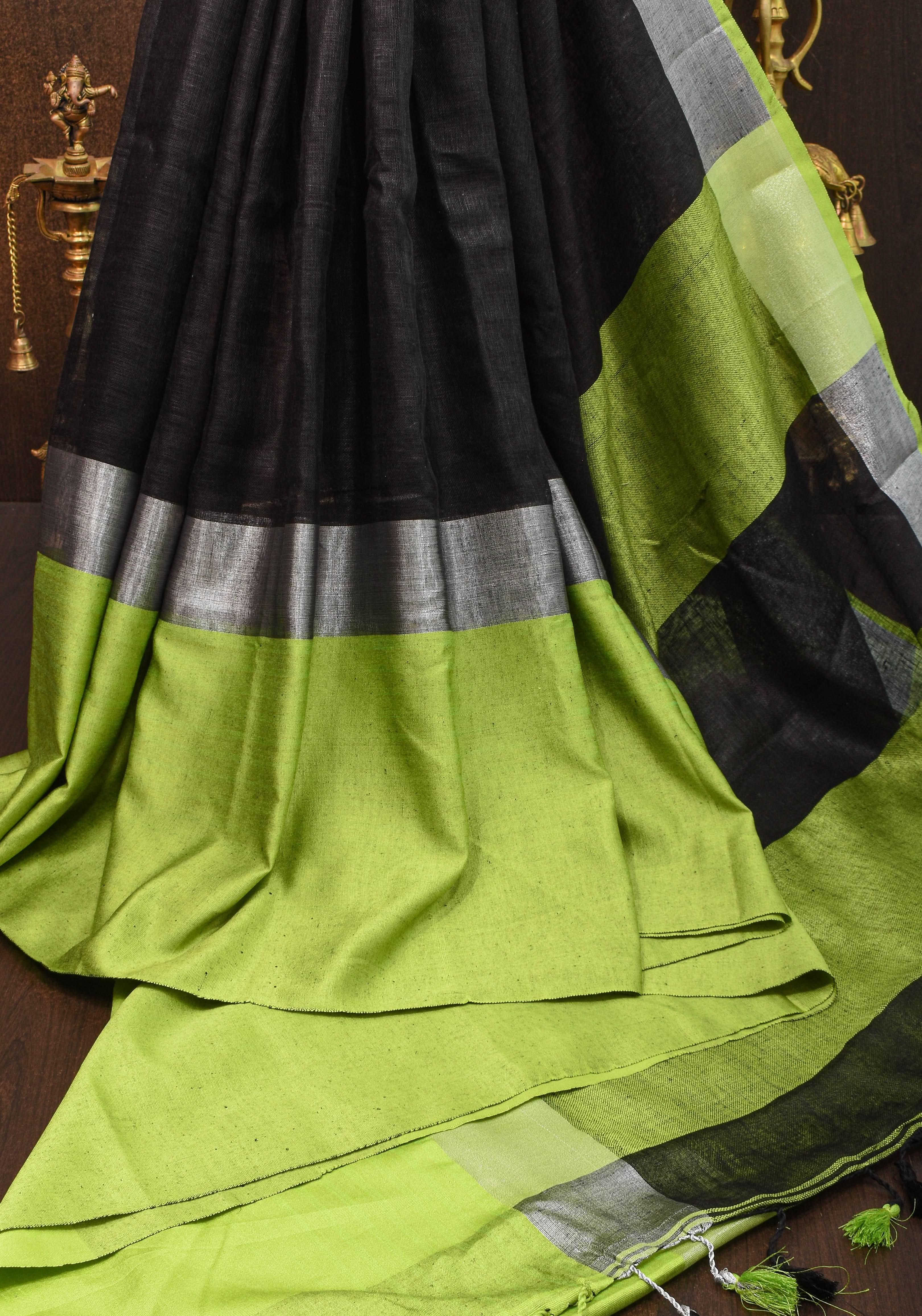 Black and Leaf Green Wide Border Linen by Linen Saree | Shobitam