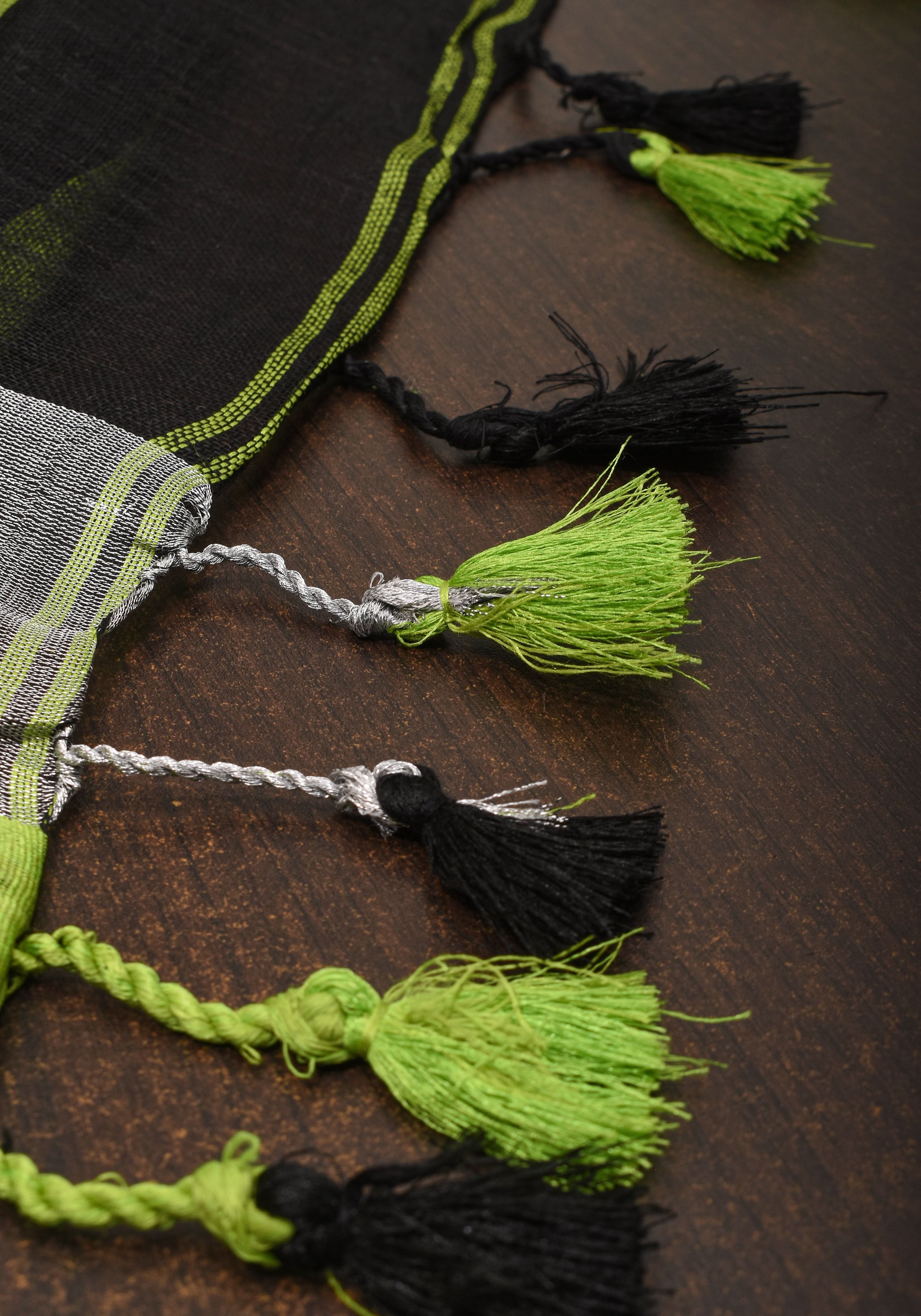 Black and Leaf Green Wide Border Linen by Linen Saree | Shobitam