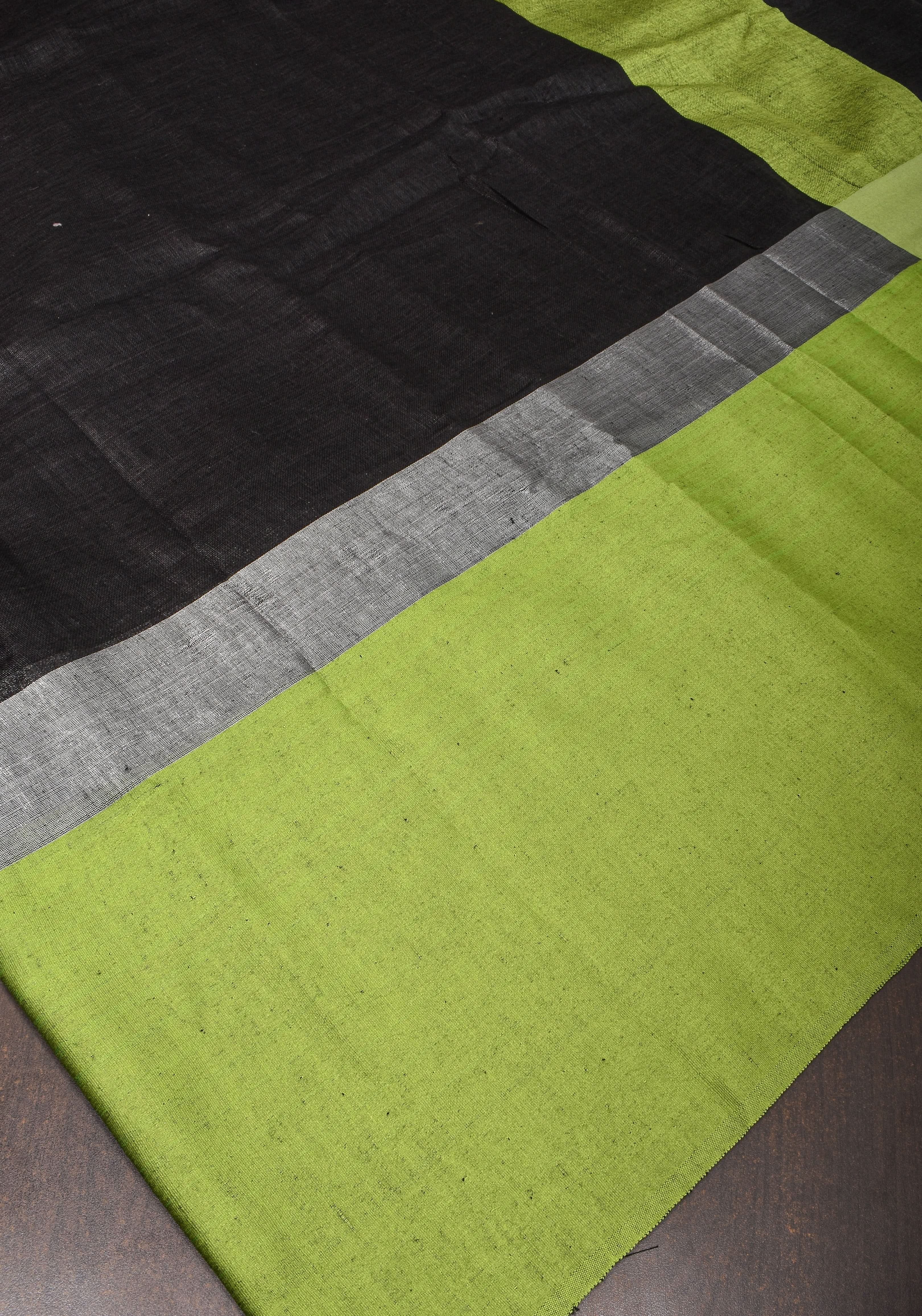 Black and Leaf Green Wide Border Linen by Linen Saree | Shobitam