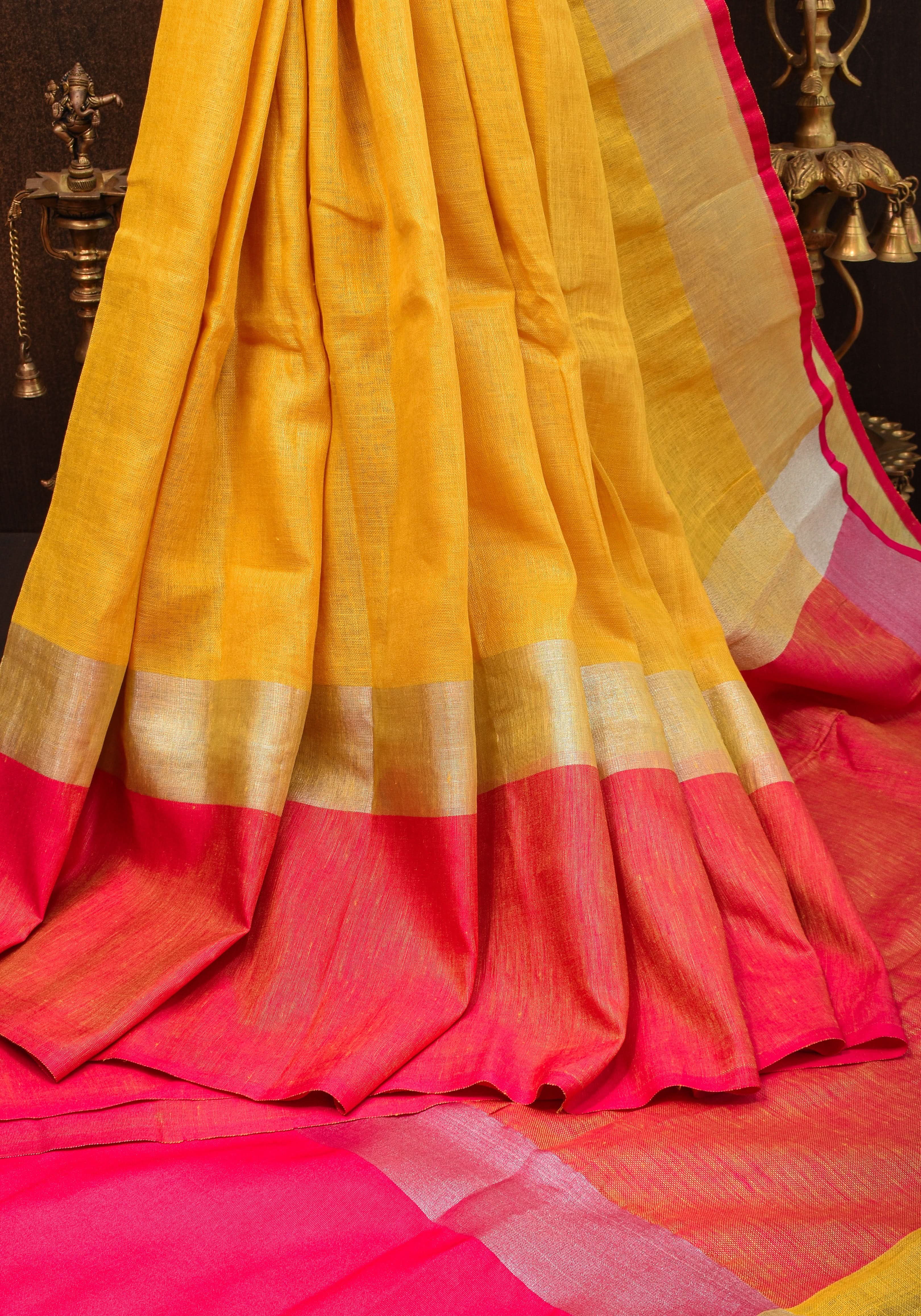 PREORDER: Yellow and Bright Pink Wide Border Linen by Linen Saree