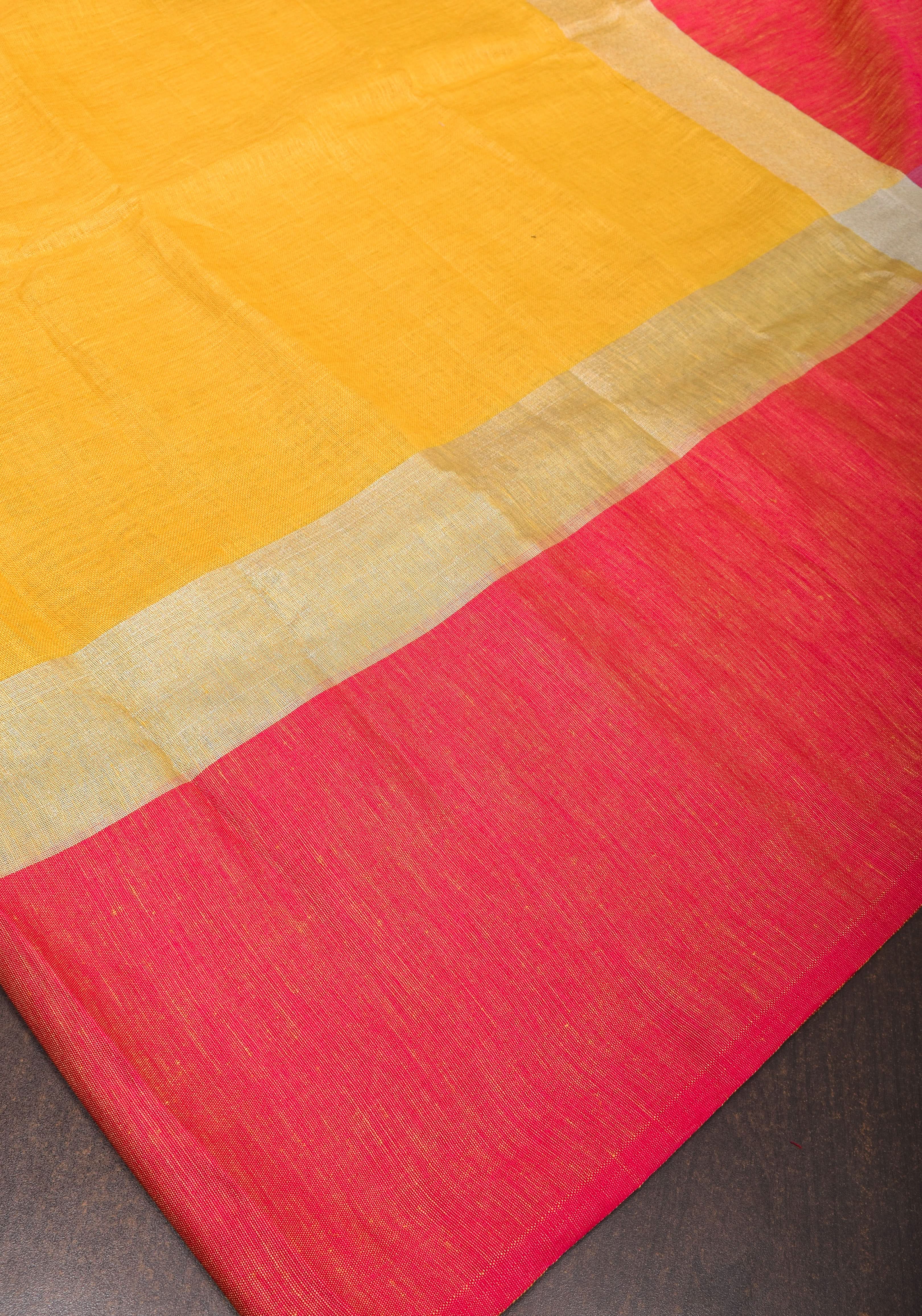 PREORDER: Yellow and Bright Pink Wide Border Linen by Linen Saree