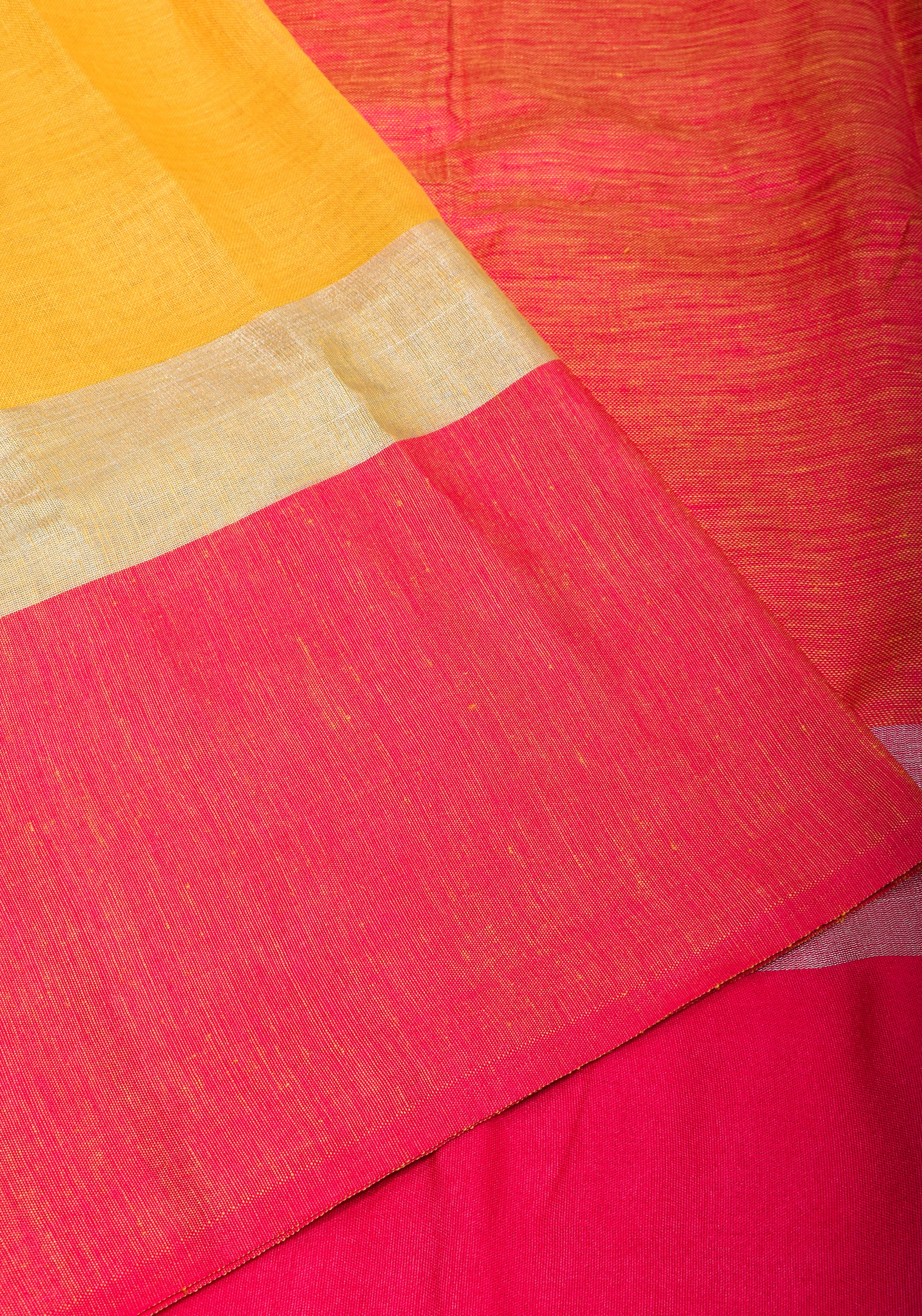 PREORDER: Yellow and Bright Pink Wide Border Linen by Linen Saree
