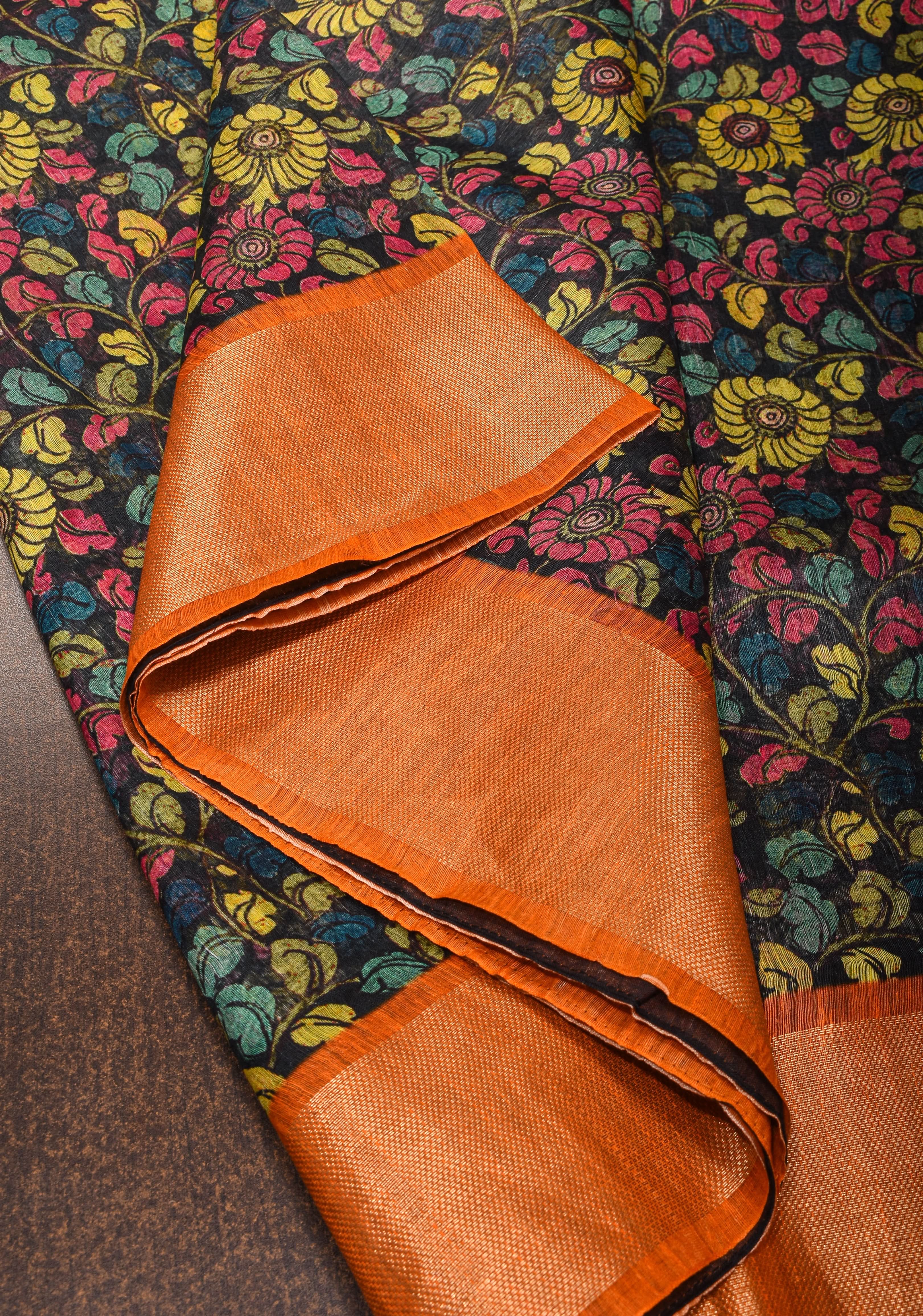 Black Green Silk Linen Saree with Floral Digital print With Orange Zari Border | Shobitam