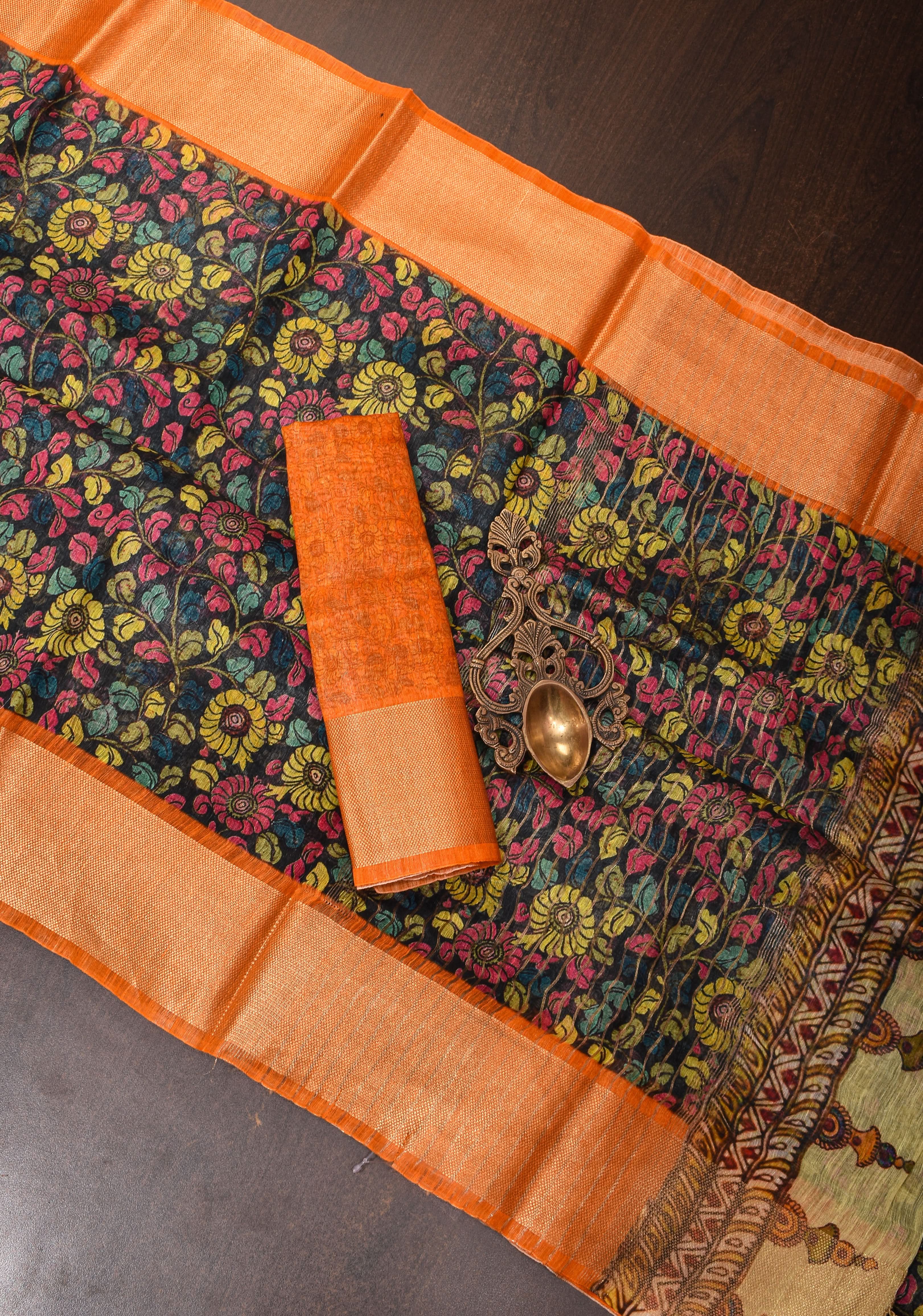 Black Green Silk Linen Saree with Floral Digital print With Orange Zari Border | Shobitam
