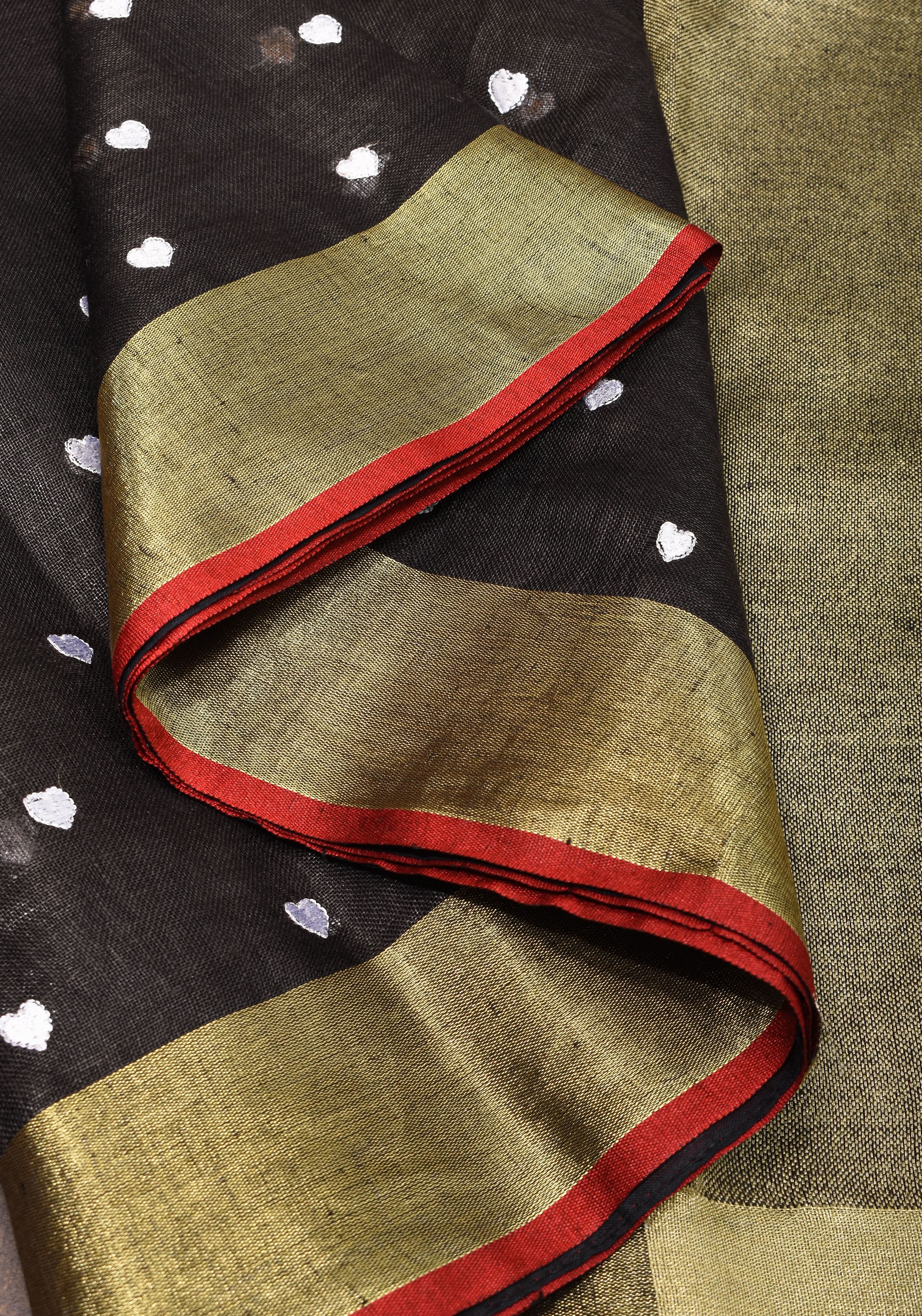 Shobitam Exclusive Celebrity Loving Hearts Embroidered Black Pure Linen Saree