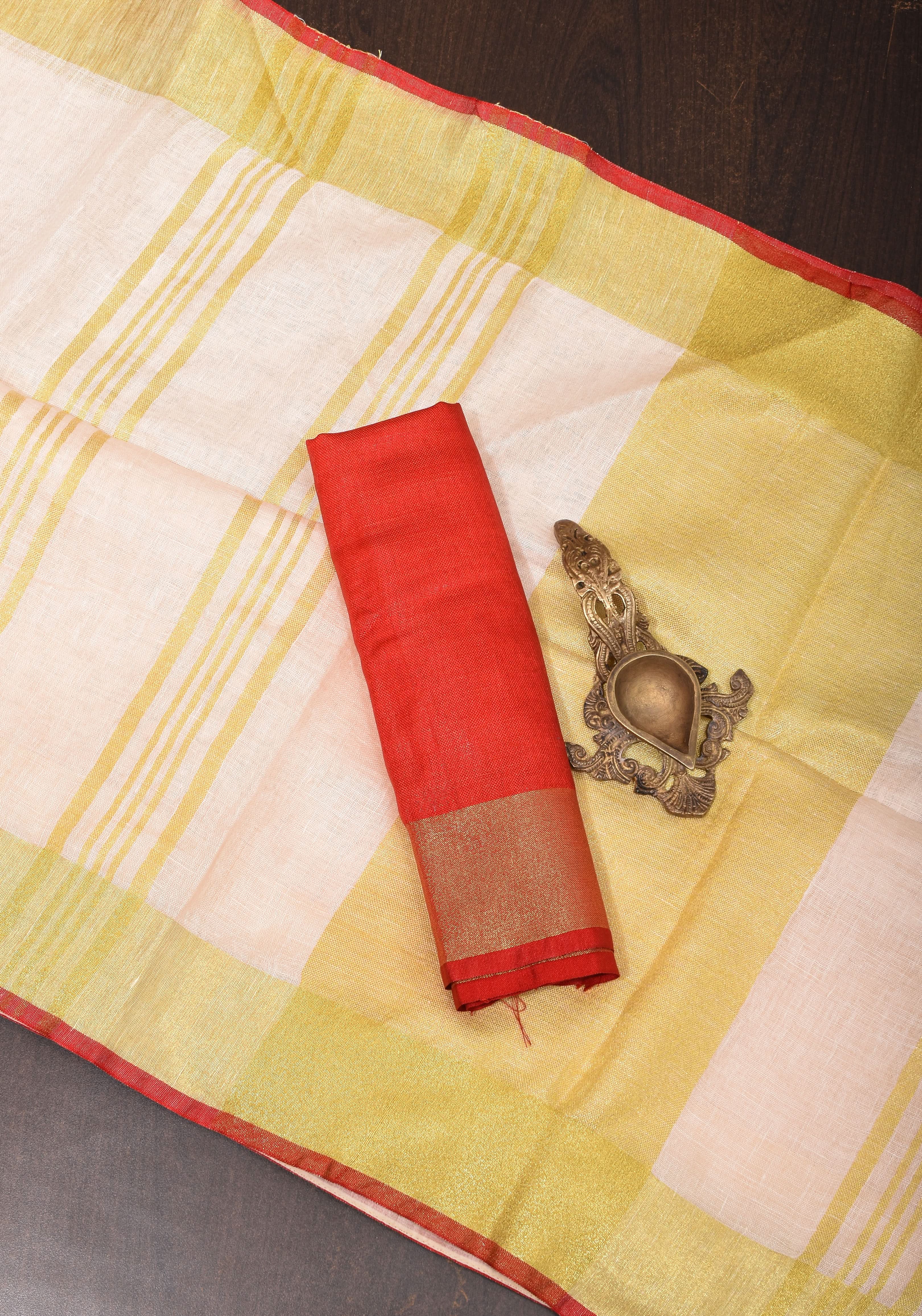 Ivory Linen by Linen saree with Red-Gold Border | Shobitam