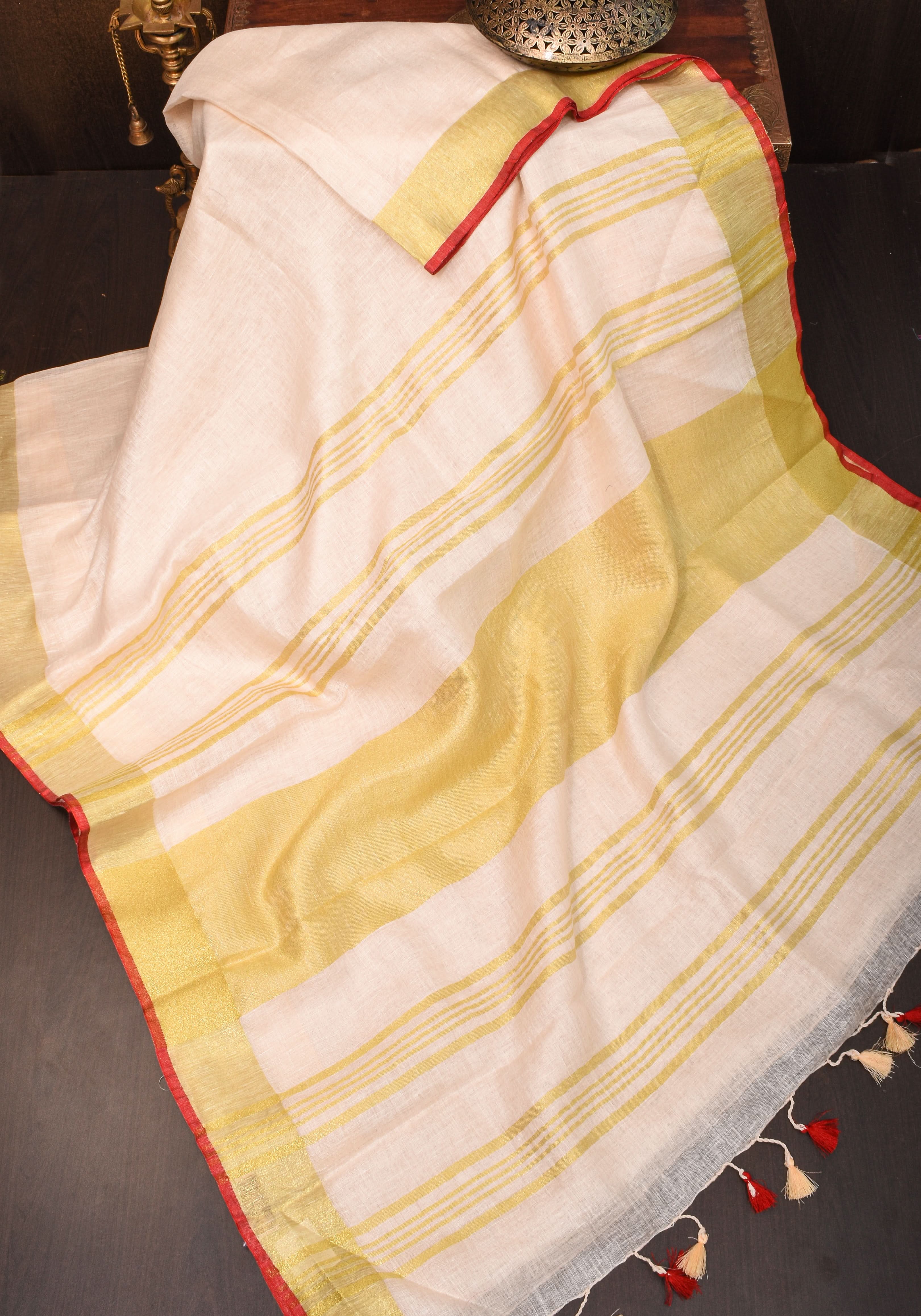 Ivory Linen by Linen saree with Red-Gold Border | Shobitam